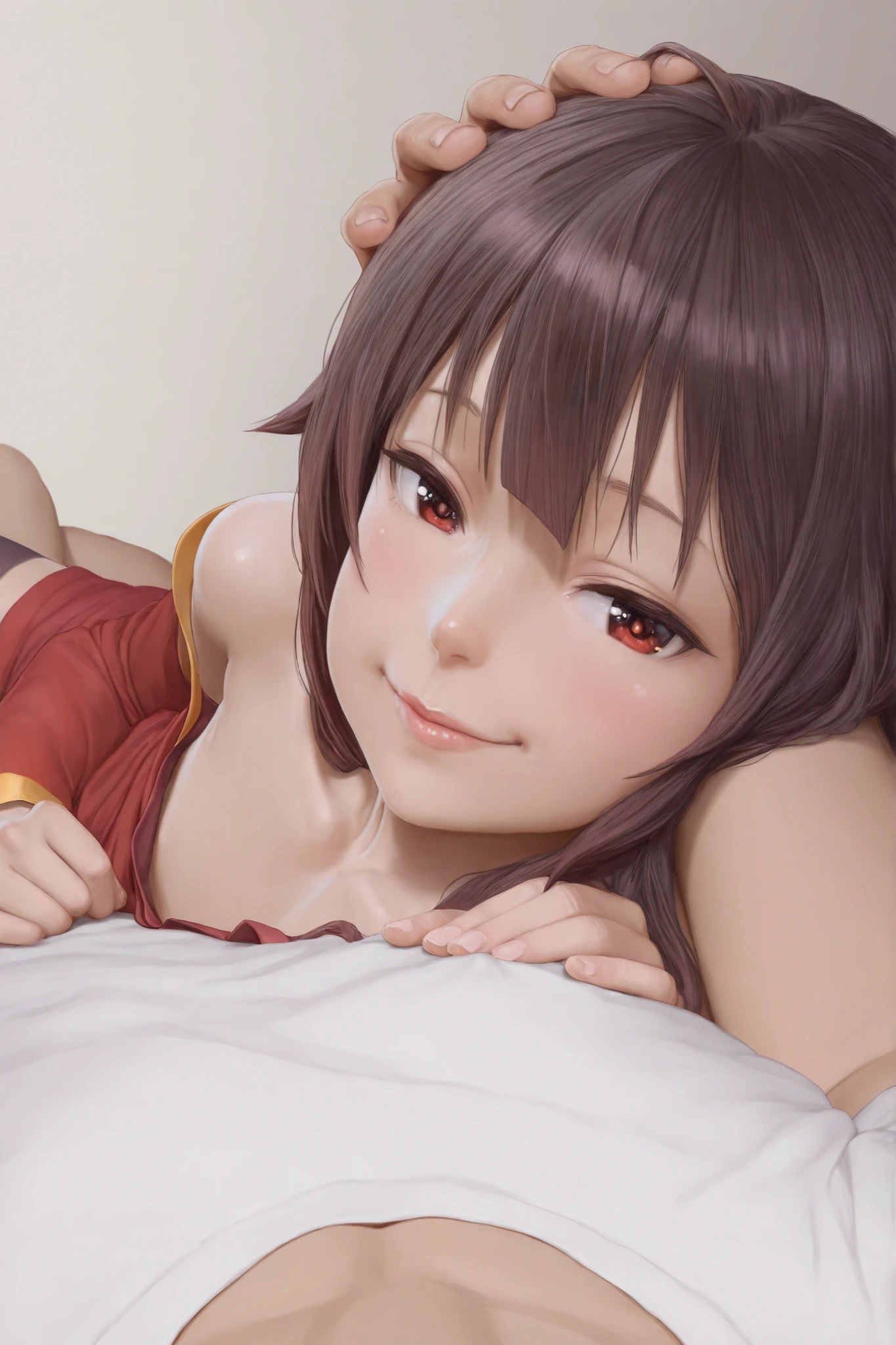 1loli, on side, lying, from side, resting head, realistic, happy, lips, megumin(konosuba), resting on chest, lean back, looking at viewer, head on pov chest, snuggle, flirt, romantic atmosphere, happy, cozy, male pov, povoverShoulder, pov hands, pov arms, lying on lap, incoming kiss, rest, comfort, reach around, headpat, realistic, lying on side, caressing
