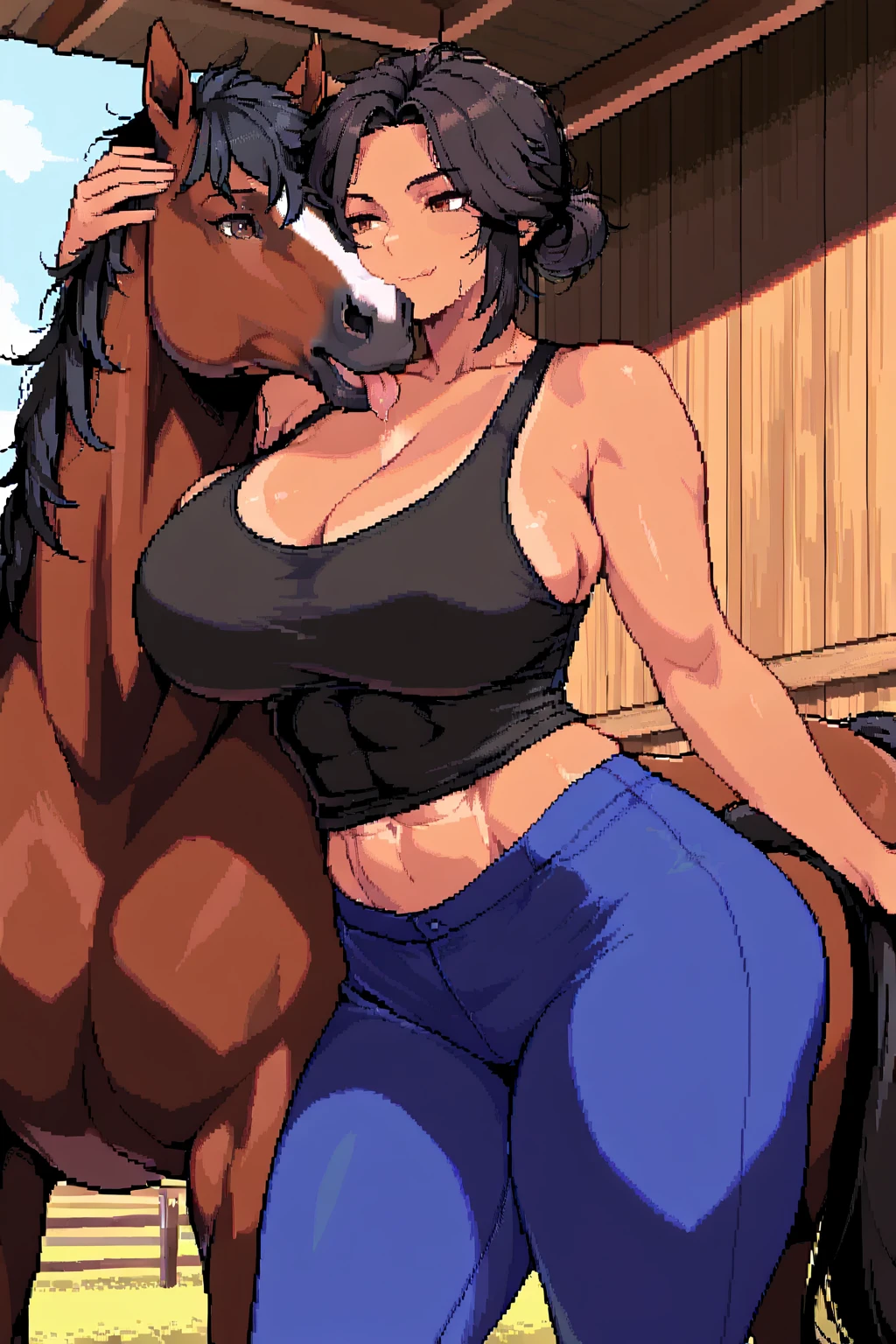 Big-breasted woman with a horse's head、((leather armor))、Steel Legginguscular Woman、Carrying a sword、アニメ風