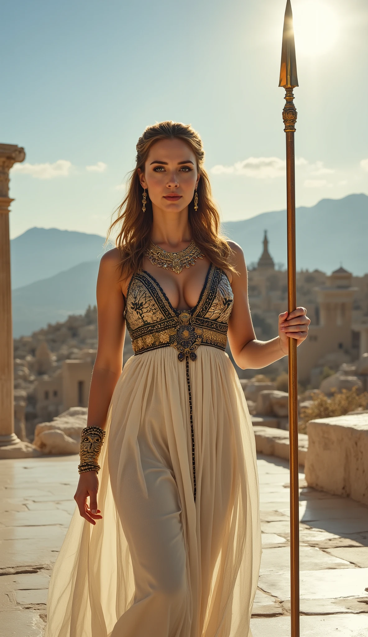 Emily Blunt reimagined as a majestic, alluring Greek goddess Athena walking and holding a bronze-tipped spear, 1 female, full figure, full body, elegant yet commanding décolletage, striking almond-shaped eyes lined with kohl, radiating serene intelligence and unshakable authority. Her fair skin glows softly, and her long wavy hair is threaded with subtle gold filaments. A crested bronze war-helm headdress (engraved with owls and laurel motifs) crowns her head, symbolizing strategic wisdom and divine protection. She wears an opulent chiton of ivory silk layered with a midnight-blue himation embroidered in gold meanders, paired with a scaled lamellar corset of electrum, a jeweled pectoral inset with sapphire cabochons, and flowing beaded fringe along the waist. A sacred animal (owl — perched alertly) accompanies her on her right side. shows her female character’s full figure, athletic body, perfect face, full body, extremely beautiful, goddess, female shape, perfect . The background showcases a marble Acropolis terrace with Doric columns and carved friezes, overlooking a soft blue Aegean haze under a radiant sunbeam slicing through drifting clouds. photorealistic, masterpiece, realistic, high contrast, 8k, HD, high definition detailed, detailed, hyper detailed, realistic skin texture, best quality, ultra high resolution, hyper realistic, no text, very detailed eyes, dramatic lighting.