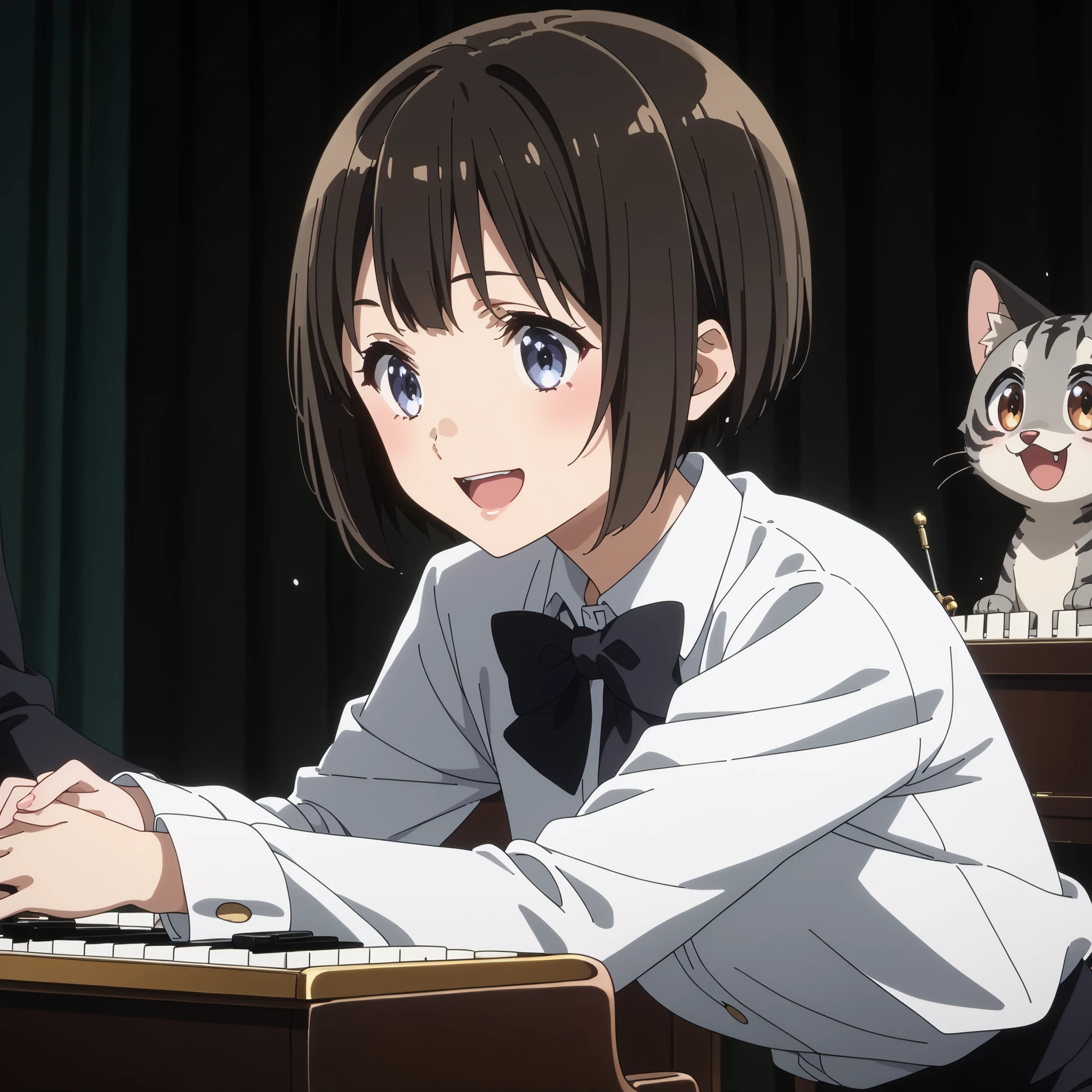 gray pheasant tiger cat、short cut girl in dark hospital、 playing the piano、younger, Black-haired character , presumably children or teenagers , , Smile of joy, dynamically drawn , dark gray similar to cats and dogs, background full of stars. They have white long-sleeved shirts with ash-tiger accents and playful dark-colored pants. characters、 is small, falling or flying towards the white animals , Holding hands at、has unique gray and black spots. the animals also appear to be falling or floating , wide, surprised eyes and slightly open mouths . big, is small星で飾られたものもある, occupy the top and right parts of the image , the overall mood is whimsical and adventurous , conveyed by the characters' facial expressions and poses .gray pheasant tiger cat、short cut girl in dark hospital、she's in front of a grand piano、she's a piano recital、she's a piano instructor、smiling with an adorable gray cat、she enjoys the piano、With both black pianos、Gray furry cat、Exact index amount、Precise keys、A cat with a glossy coat、