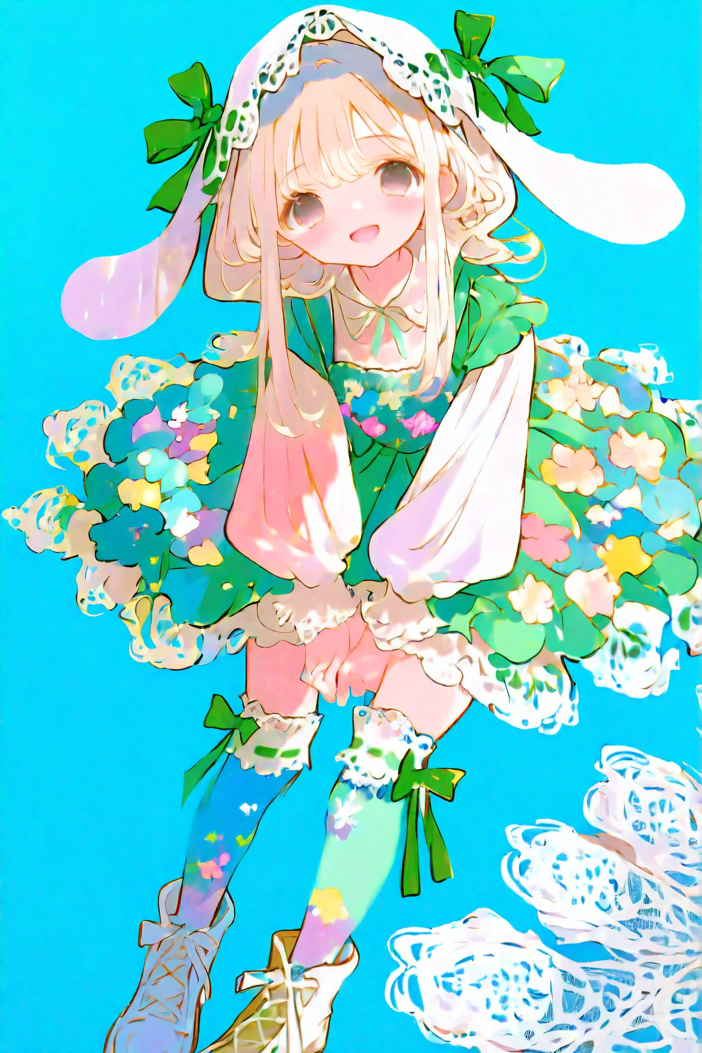 thin lines, thin colors, watercolor, soft touch, colorful, fantasy, full body, (looking viewer :1.5), lolita theme, wide shot, dynamic pose,
1 girl, solo, blonde hair, long hair, black eyes, blush stickers, joyful excited laughter, wide open mouth, large green ribbon, frilly pastel blue dress with lace detailing, long sleeve, delicate white hoodie accented with floppy ears, hood up, shy and sweet expression, smile, no background, and an intricate character design, ribbon-trimmed thighhighs, lace-up boots,
masterpiece, super detailed skin, (detailed beautiful face and eyes:1.5), elaborately designed clothes, intricately embroidered clothing, intricate textures,