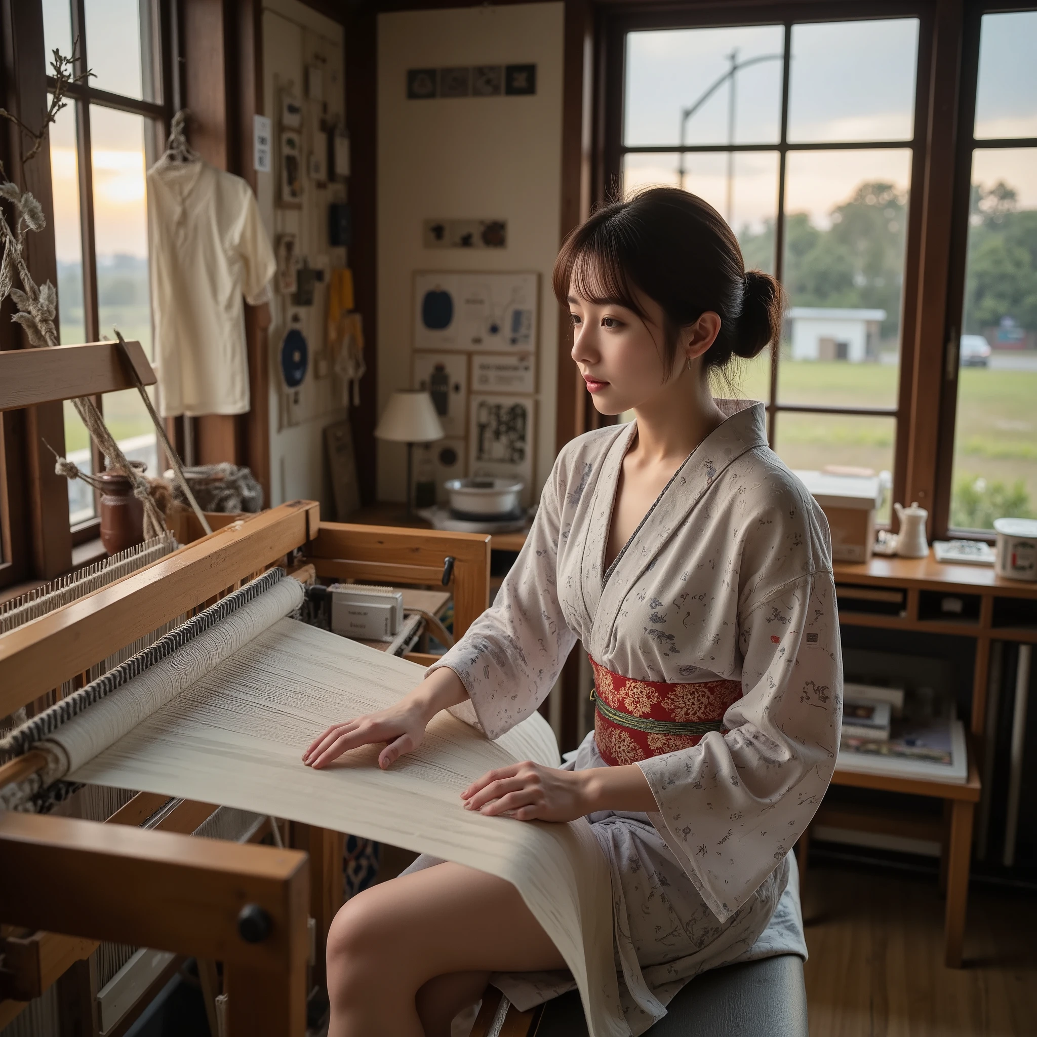 An attractive Japanese glamour model concentrates on textiles in an old wooden workshop.。 she only wears a traditional kimono jacket.、shoulders are exposed。 her fingertips manipulate lohm with skilled movements.、She weaves delicate Japanese patterns.。 is surrounded by old textile samples and pincers.、 a rural Japanese landscape spreads out of the window.。 The warm light of dusk wraps her smooth skin in gold.。