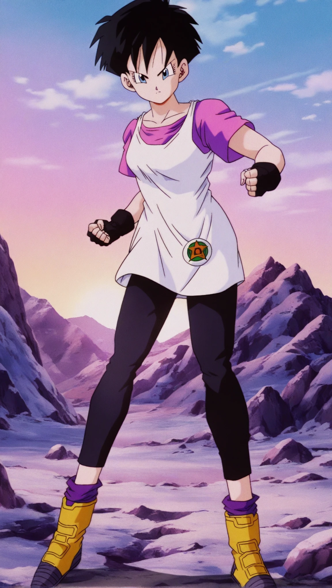 source_anime, masterpiece, best quality, amazing quality, anime screencap, high quality, 8k, absurdres, official style, 1girl, solo, looking at viewer, <lora:Bulma_Daima_iL:1>, bulm4 b513fs daima, short hair, blue eyes, blue hair, dress outfit, dress, jewelry, pantyhose, boots, necklace, turtleneck,