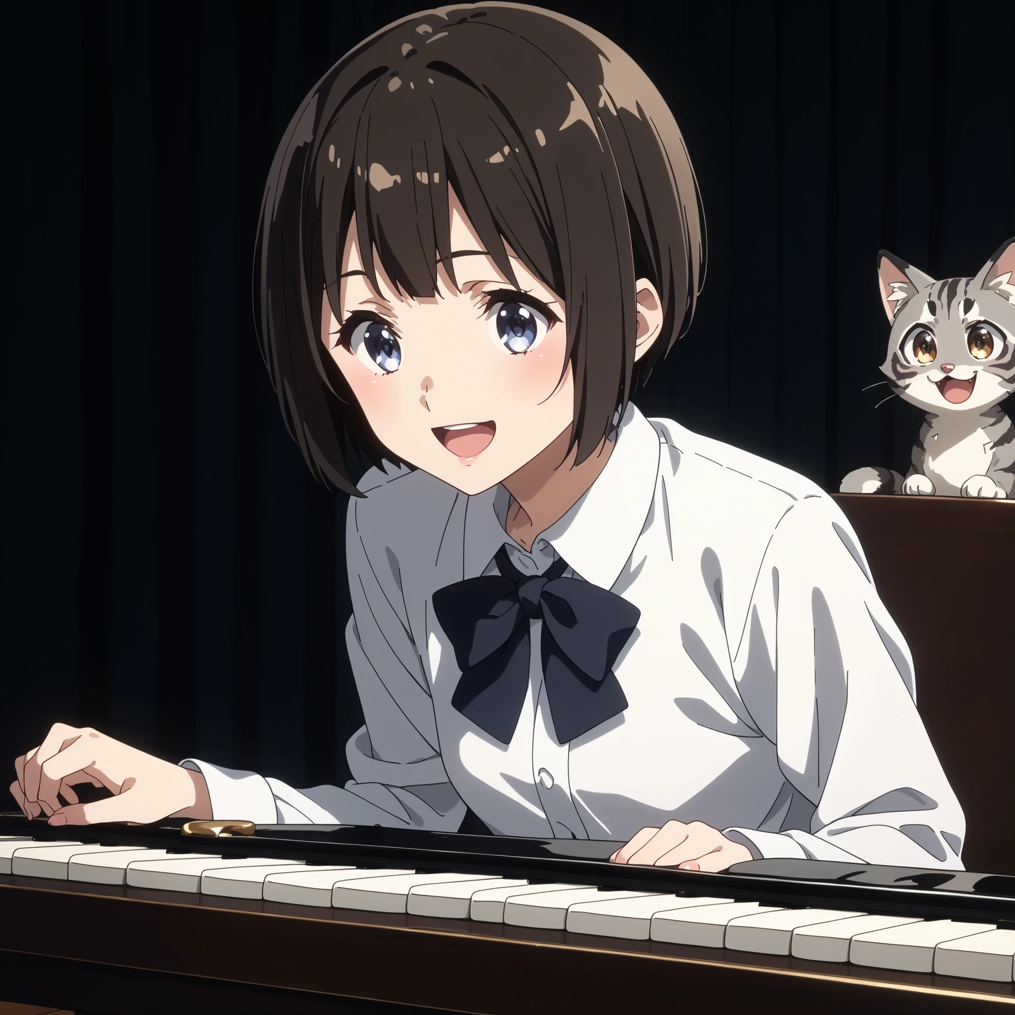 gray pheasant tiger cat、short cut girl in dark hospital、 playing the piano、younger, Black-haired character , presumably children or teenagers , , Smile of joy, dynamically drawn , dark gray similar to cats and dogs, background full of stars. They have white long-sleeved shirts with ash-tiger accents and playful dark-colored pants. characters、 is small, falling or flying towards the white animals , Holding hands at、has unique gray and black spots. the animals also appear to be falling or floating , wide, surprised eyes and slightly open mouths . big, is small星で飾られたものもある, occupy the top and right parts of the image , the overall mood is whimsical and adventurous , conveyed by the characters' facial expressions and poses .gray pheasant tiger cat、short cut girl in dark hospital、she's in front of a grand piano、she's a piano recital、she's a piano instructor、smiling with an adorable gray cat、she enjoys the piano、With both black pianos、Gray furry cat、Exact index amount、Precise keys、A cat with a glossy coat、