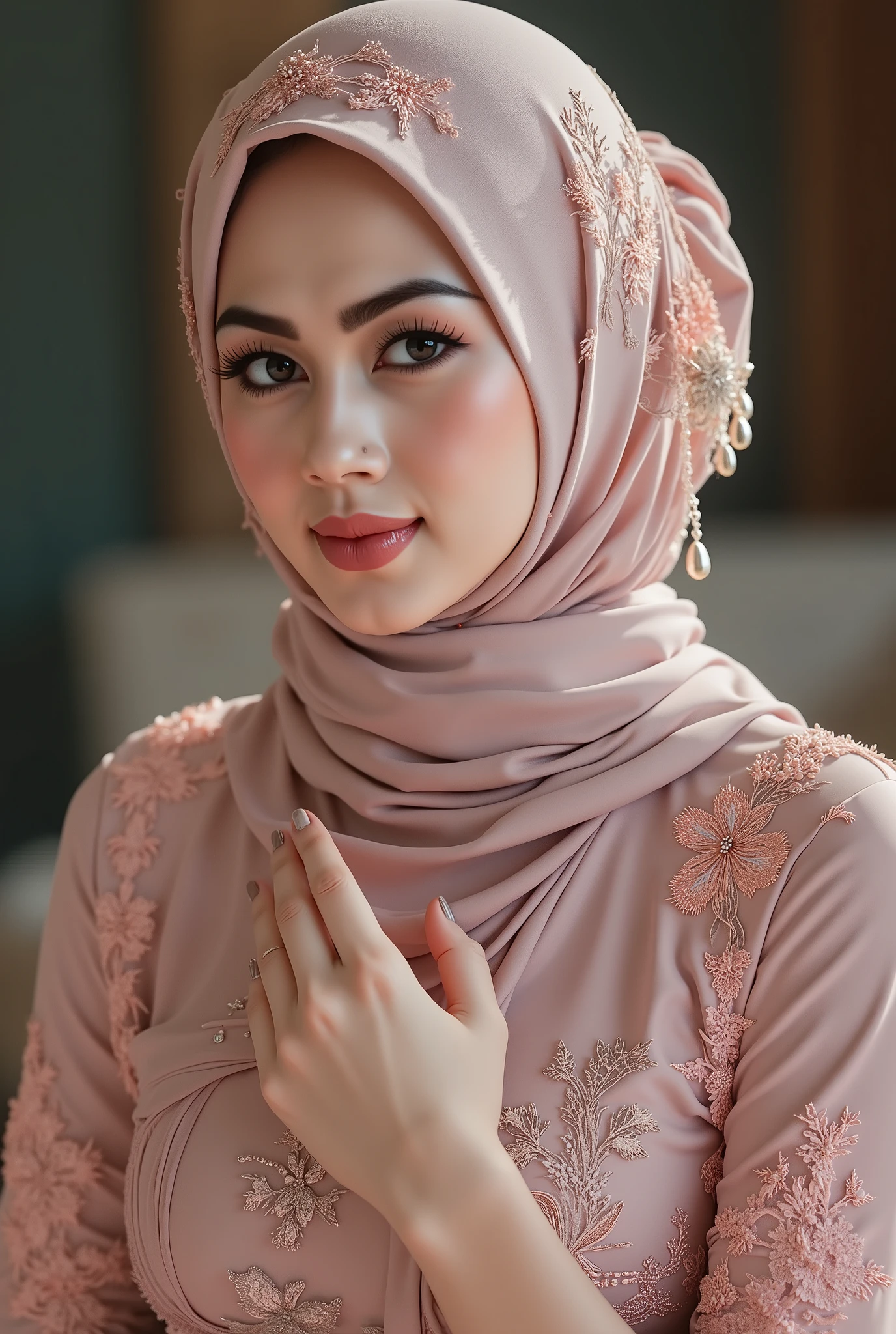 hyper HD, Masterpiece, Textured skin, 4K, Best quality of potrait a Beautiful hijab asian woman white fairy skin wearing dress , close-up half body , perfect hijab, detail veil , hyper realistic scarf and ornate on her side big back head hijab on likely hijab bun style , happy vibes, beauty smile , open mouth showing teeth , smiling confident , huge breast , perfect hands , auto correct detail fingers.