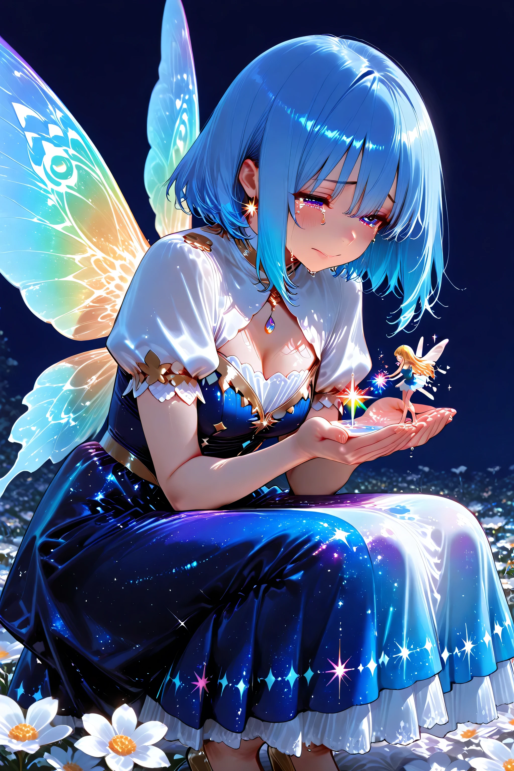 drawn on a dark blue background、A fantastic illustration of a fairy with a little dwarf on the palm of her hand shedding shining tears,I'm wearing a galaxy dress, Delicate Golden Accents in Flowing Blue Hair, 葉や蔓のようなRainbow Sparkleを放つ神秘的な羽,The wings are very big,whole, The atmosphere is mysterious and dreamy,A fairy girl crouching down with her lap,妖精は小さな発光浮遊生物やお化け👻などの神秘的な要素に囲まれている,Flower, And the stars々々, Rainbow Sparkle ,暗い背景wholeがシーンです。highlights the contrast between scattered bright colors and brilliance,make you feel magical and mysterious,The crying face of a fairy