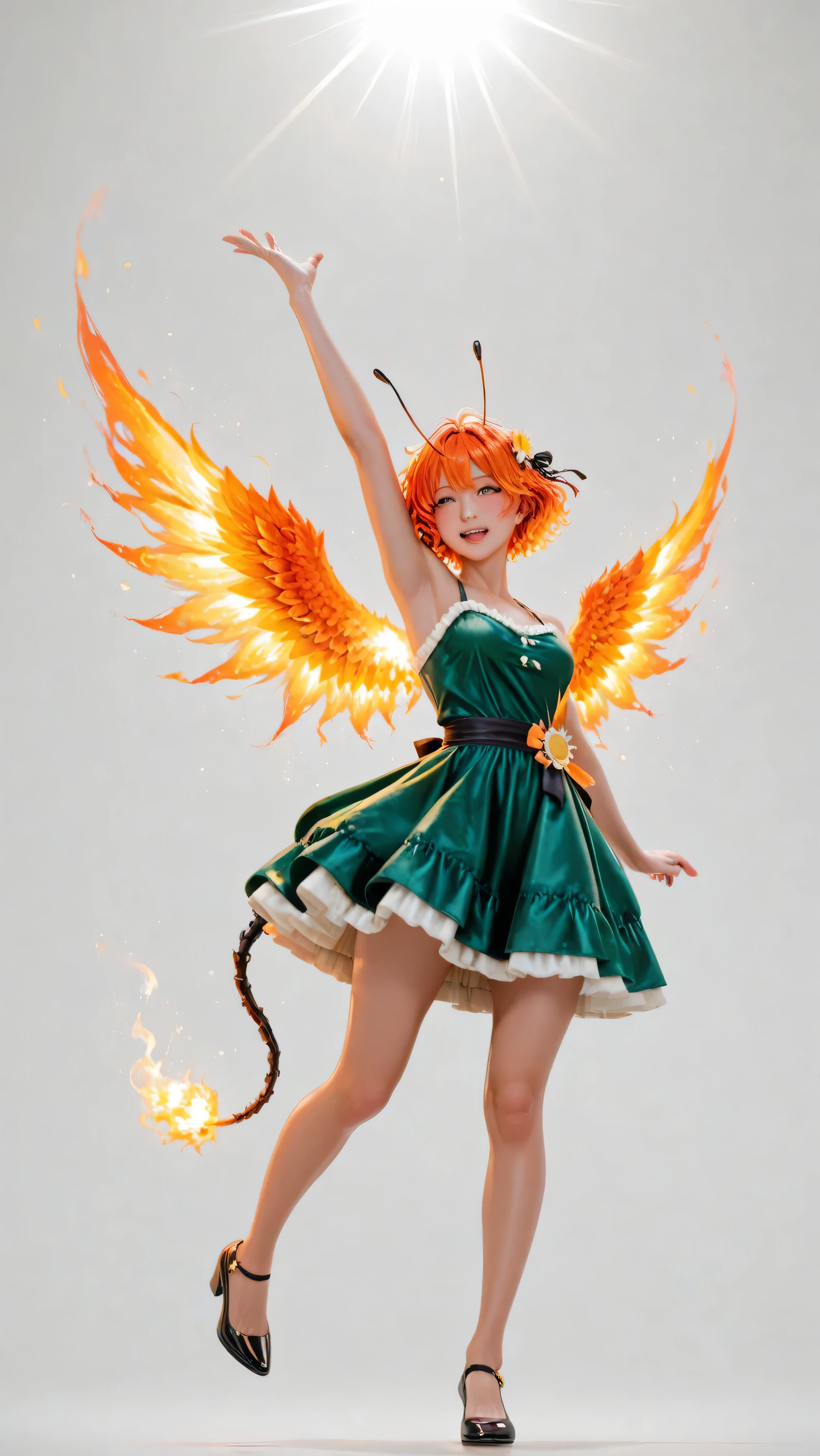 anime style、3dCG style、one girl standing、 shot his whole body from the front、 best image quality、Greatest Masterpiece、Super Detailed、High Resolution、Extremely Detailed CG、 sandori、 sun girl、 burning hair、 red and orange hair、 messy hair、 short hair、 fluffy wavy hair、 sun hair accessory、 hair ribbon、 flaming tail、 flaming wings、 sun antennae、 Emerald Green Dress、ruffle dress、 dynamic pose、low angle shot、 starts running、Light running pose、light fist、expressing energy、dynamic posing、 professional shooting lights、simple white background、