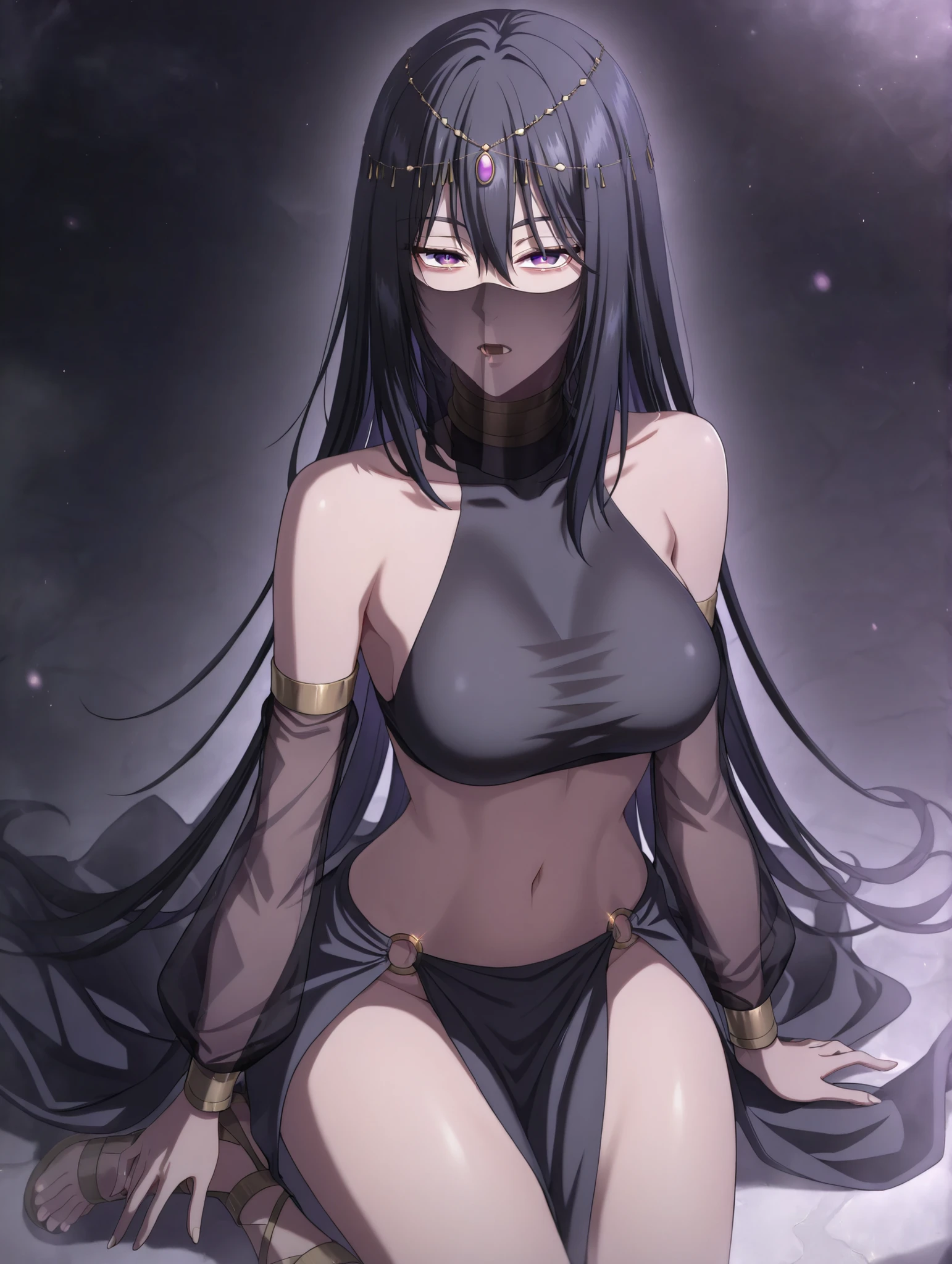 1girl, solo,long hair, black hair, purple eyes, hair between eyes veil, mouth veil, circlet, arabian clothes, gold choker, turtleneck, covered collarbone, bare shoulders, black crop top, detached sleeves, see-through sleeves, midriff, navel, o-ring, waist cape, pelvic curtain gladiator sandals,