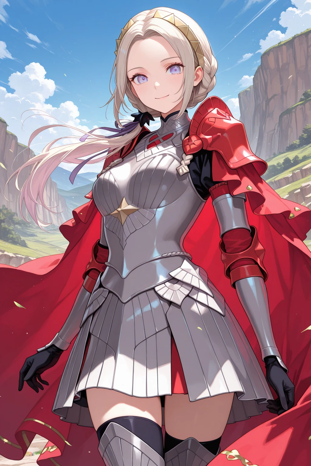 alone, 1 Girl, Marin, salary, keep, arms, Focus on women, sword, Cape, armor, Lambent Light, Handguard, ,  armor, full armor, A soft smile，Cherry blossoms blooming all over the place，Falling cherry blossom petals background　(((masterpiece)))， ((Highest quality))， ((Intricate details))　(8K)