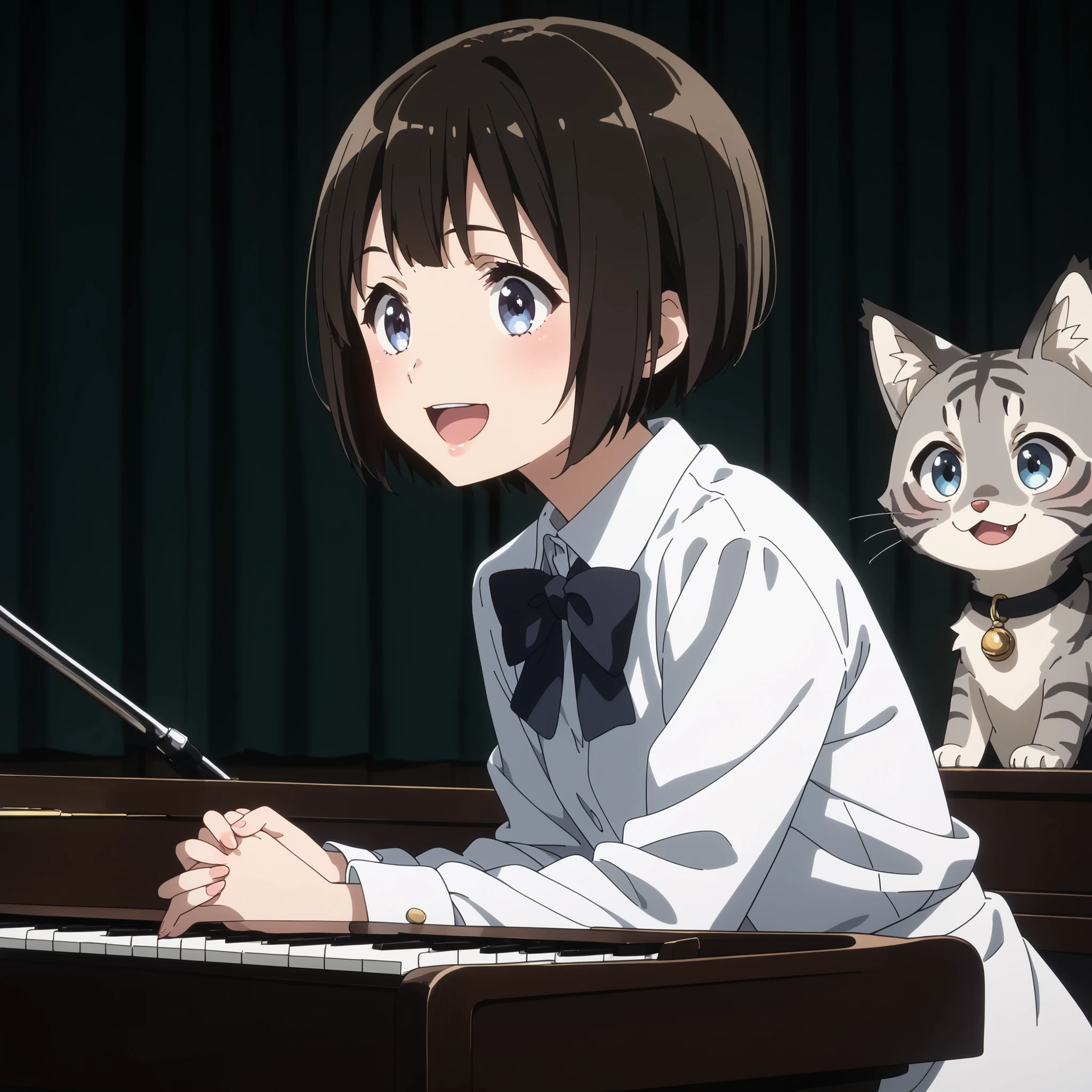 gray pheasant tiger cat、short cut girl in dark hospital、 playing the piano、younger, Black-haired character , presumably children or teenagers , , Smile of joy, dynamically drawn , dark gray similar to cats and dogs, background full of stars. They have white long-sleeved shirts with ash-tiger accents and playful dark-colored pants. characters、 is small, falling or flying towards the white animals , Holding hands at、has unique gray and black spots. the animals also appear to be falling or floating , wide, surprised eyes and slightly open mouths . big, is small星で飾られたものもある, occupy the top and right parts of the image , the overall mood is whimsical and adventurous , conveyed by the characters' facial expressions and poses .gray pheasant tiger cat、short cut girl in dark hospital、she's in front of a grand piano、she's a piano recital、she's a piano instructor、smiling with an adorable gray cat、she enjoys the piano、With both black pianos、Gray furry cat、Exact index amount、Precise keys、A cat with a glossy coat、