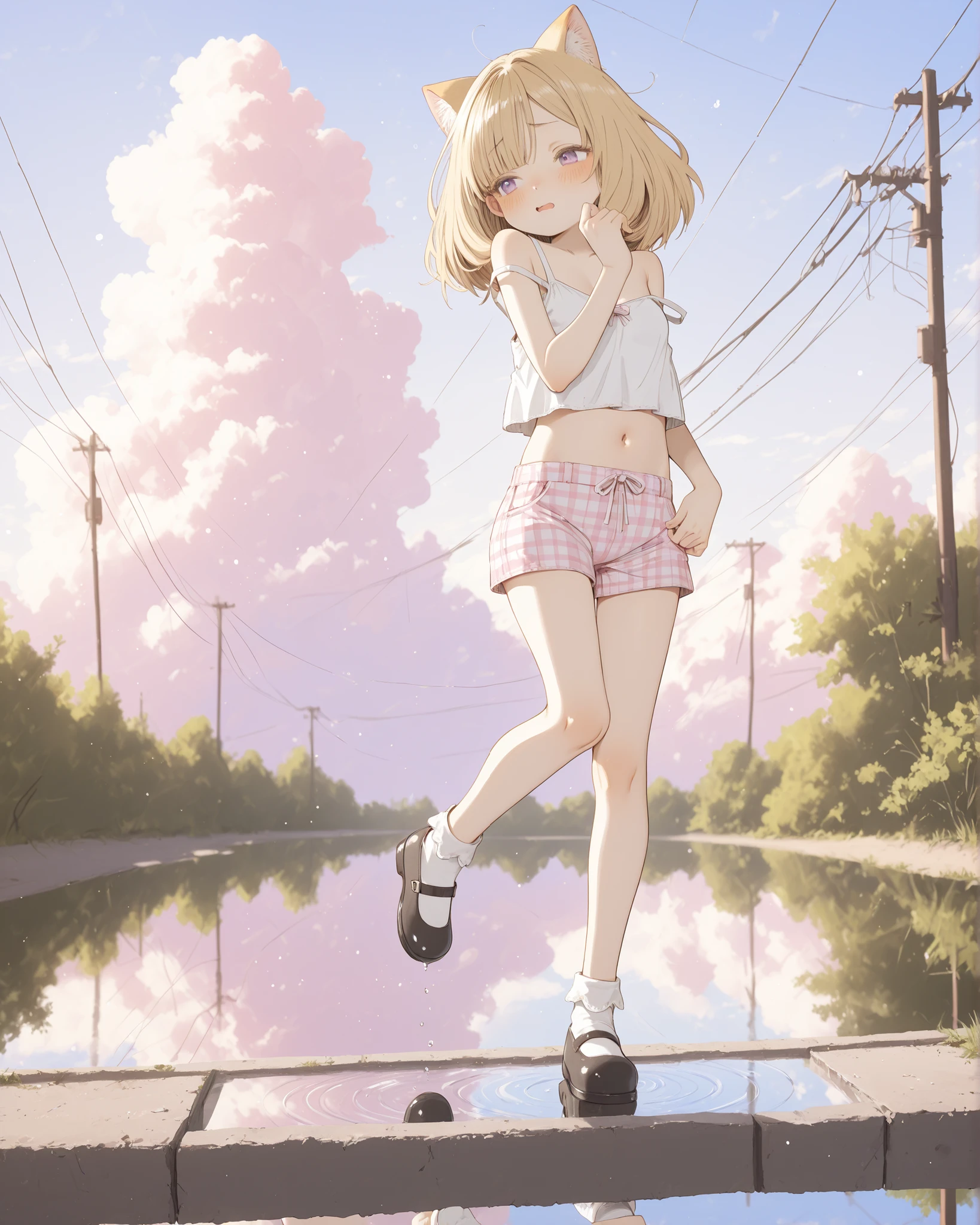 ((Abara Heiki style)), ((Masterpiece)), ((best quality, amazing quality)), ((very aesthetic, absurdres, newest)), ((detailed background, negative space, blurry background, depth of field, Asymmetrical background)), (full body), (dynamic angle, wide shot, from side), (back lighting), ((1girl, solo)), cute young Girl, (Healthy Gaunt body, Textured skin, small , tilt head), ((brown-skinned)), (pale purple eyes, gradient eyes, averting eyes, looking at side), messy bob hair, medium hair, (long parted bangs, cute forehead, long side bangs), ash-blonde hair, slightly root black natural hair, open mouth, ((fidgeting face, lovestruck, blush)), (cute cheeks), glossy lips, pouty lips, (lower eyelashes), fuzzy cat ears, BREAK, ((loose croptop, croptop overhang, strap slip, wearing white sheer croptop, shoulder, cute navel)), slightly exposed small , slightly exposed cleavage, ((plaid medium shorts, cute shorts, slightly exposed lower abdomen)), (thick-soled mary-janes, pastel colors mary-janes, showing sole of mary-janes), (loose standing on one leg, knee up, balancing), the shallow puddle reflecting the sky, Shallow waterside, outdoor, (reflection:1.3), (caustics), beautiful ripples, outdoor, bright sunlight, Beautiful landscape, cumulonimbus cloud, (Power lines in the background), ((Idyllic atmosphere)),