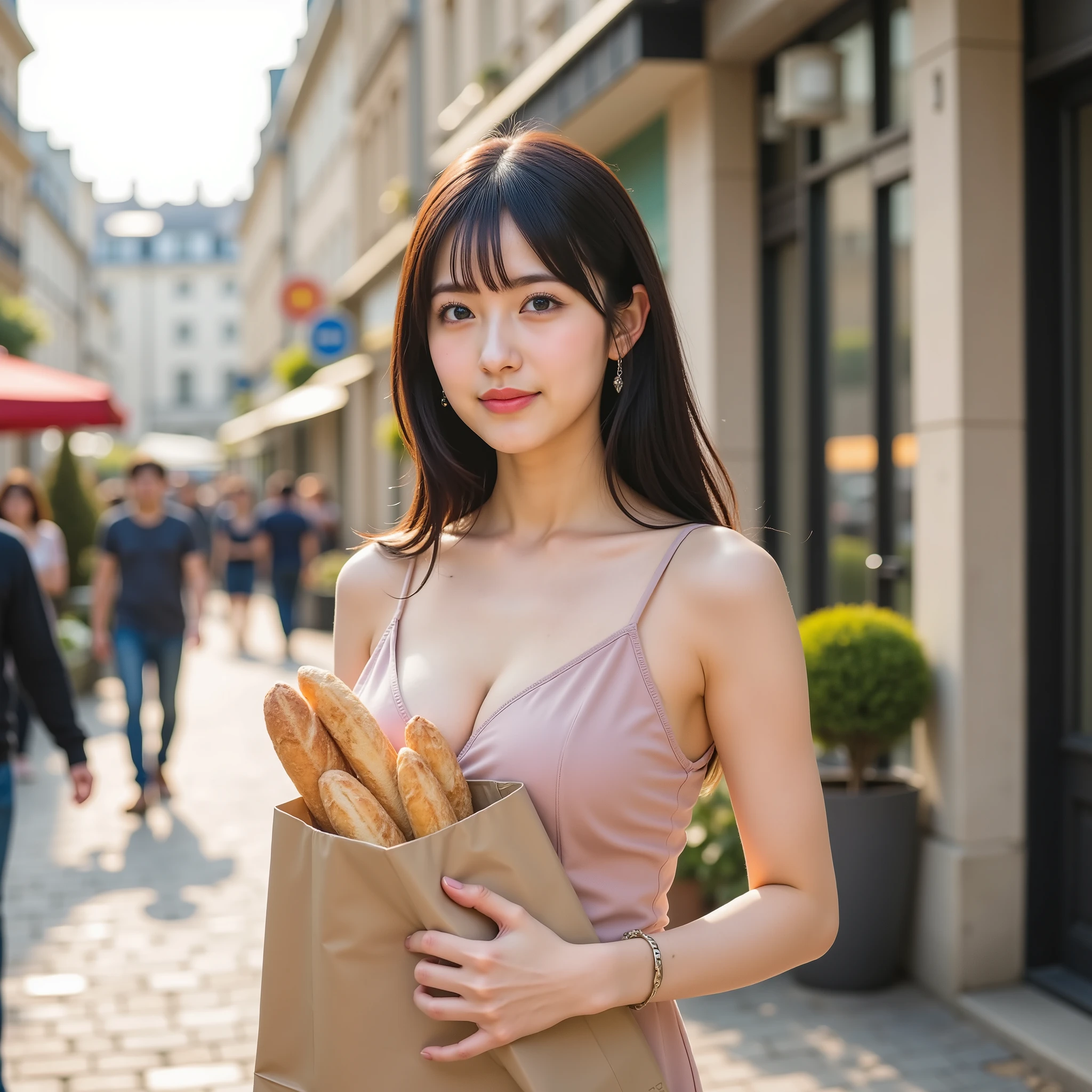 Paris early in the morning、beautiful Japanese idols who put baguettes in paper bags at the market、Casual Dress、Clear skin like makeup、Black hair swaying in the morning breeze、around it、Old cobblestones、Local merchants arranging fresh food in front of the historic building、Soft morning light envelops the whole body、misty atmosphere、Photojournalism Style、Natural poses with a sense of life、35mm film-like texture、nostalgic tones, accurate limbs and fingers based on perfect human anatomy、 super clear focus、Full Body Shot from Head to Below Knee、