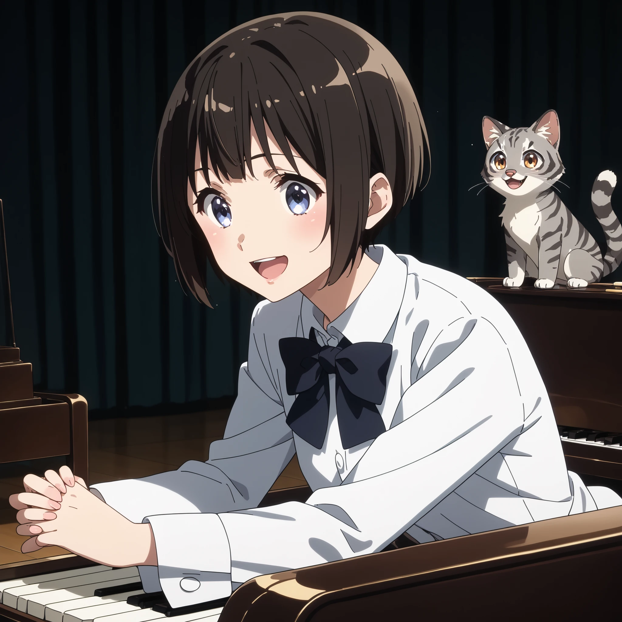gray pheasant tiger cat、short cut girl in dark hospital、 playing the piano、younger, Black-haired character , presumably children or teenagers , , Smile of joy, dynamically drawn , dark gray similar to cats and dogs, background full of stars. They have white long-sleeved shirts with ash-tiger accents and playful dark-colored pants. characters、 is small, falling or flying towards the white animals , Holding hands at、has unique gray and black spots. the animals also appear to be falling or floating , wide, surprised eyes and slightly open mouths . big, is small星で飾られたものもある, occupy the top and right parts of the image , the overall mood is whimsical and adventurous , conveyed by the characters' facial expressions and poses .gray pheasant tiger cat、short cut girl in dark hospital、she's in front of a grand piano、she's a piano recital、she's a piano instructor、smiling with an adorable gray cat、she enjoys the piano、With both black pianos、Gray furry cat、Exact index amount、Precise keys、A cat with a glossy coat、
