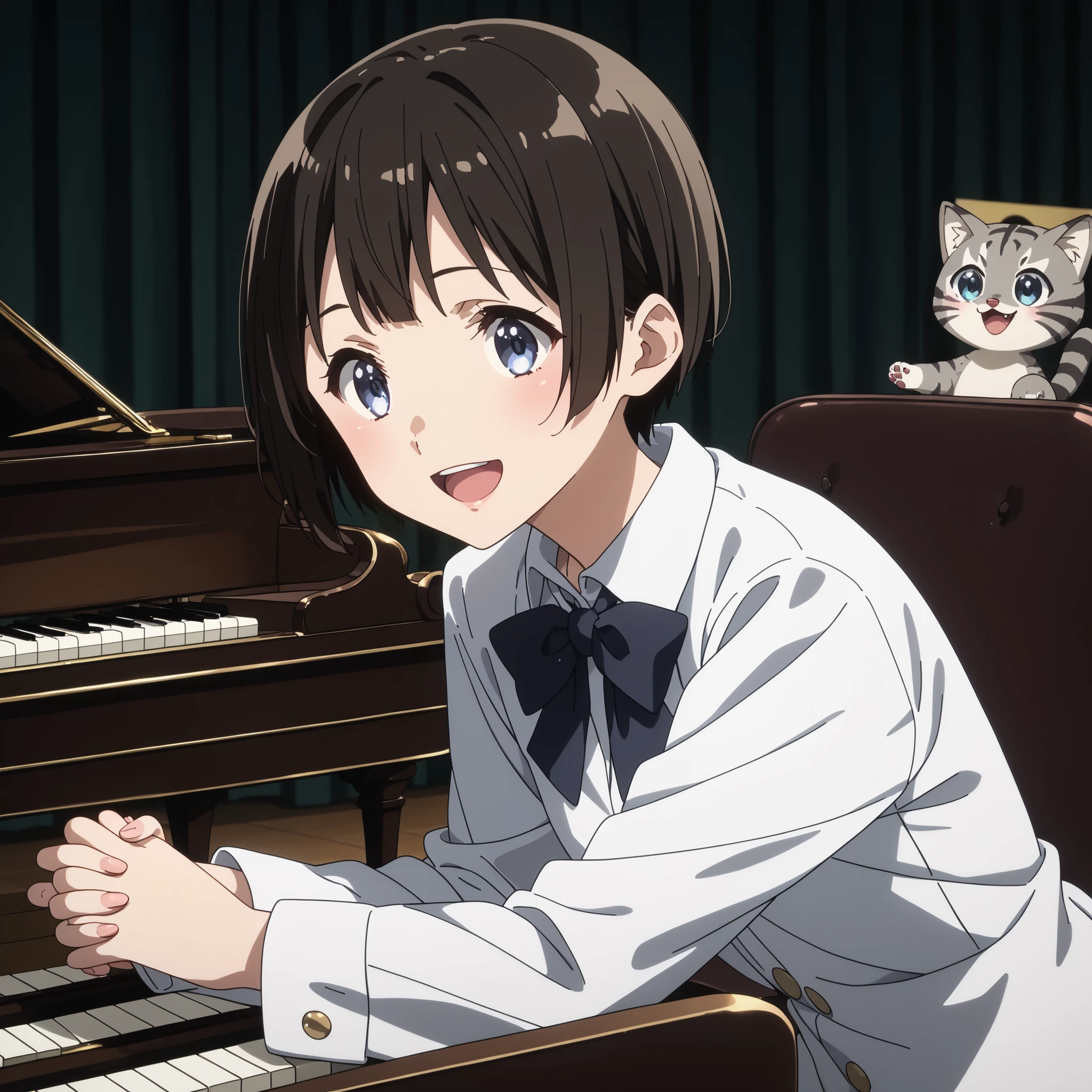 gray pheasant tiger cat、short cut girl in dark hospital、 playing the piano、younger, Black-haired character , presumably children or teenagers , , Smile of joy, dynamically drawn , dark gray similar to cats and dogs, background full of stars. They have white long-sleeved shirts with ash-tiger accents and playful dark-colored pants. characters、 is small, falling or flying towards the white animals , Holding hands at、has unique gray and black spots. the animals also appear to be falling or floating , wide, surprised eyes and slightly open mouths . big, is small星で飾られたものもある, occupy the top and right parts of the image , the overall mood is whimsical and adventurous , conveyed by the characters' facial expressions and poses .gray pheasant tiger cat、short cut girl in dark hospital、she's in front of a grand piano、she's a piano recital、she's a piano instructor、smiling with an adorable gray cat、she enjoys the piano、With both black pianos、Gray furry cat、Exact index amount、Precise keys、A cat with a glossy coat、