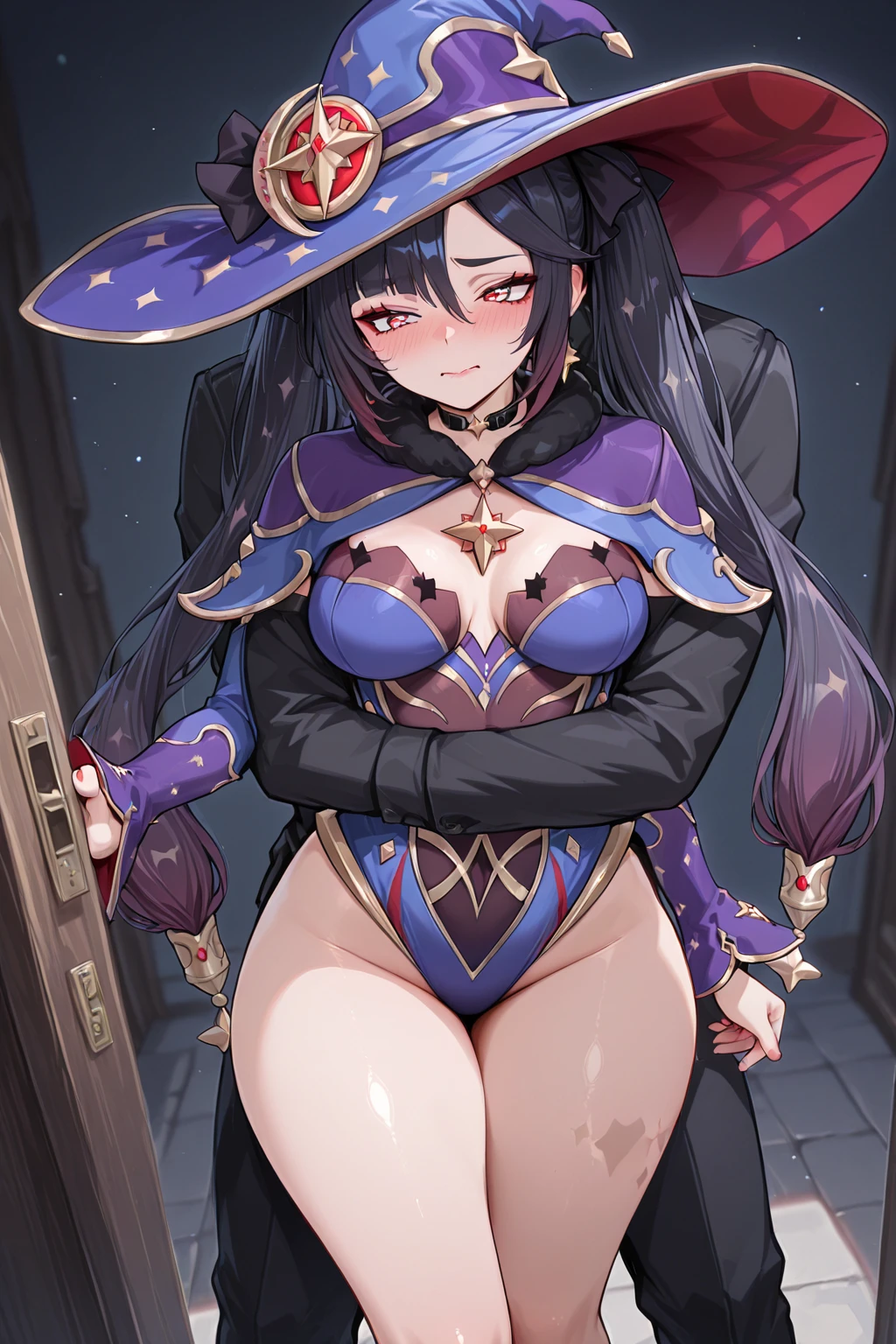 (Masterpiece), Best Quality, ultra-detailed, 1girl( mona_tpa, mcdonald's, purple hair, aqua eyes, half closed  eyes, small ), a come-hither face, parted lips, solo,  nose blush, blush, witch hat, stairs, shrine, lens flare, star_(symbol) pantyhose, highly detailed, absurdres, indoor, night time, standing, 