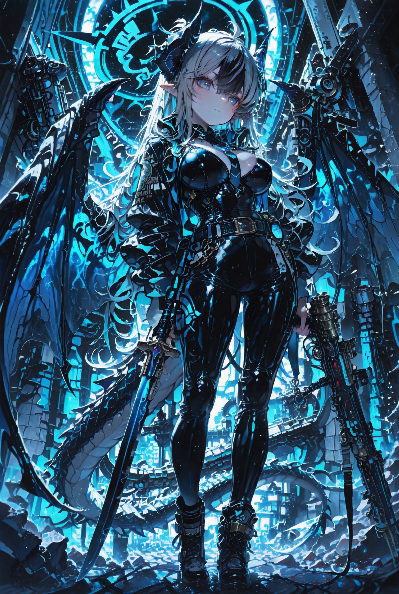 最high image quality、high image quality、solo、Monster Hunter Wild、 Rathalos guardian dragon、Beautiful girl、tall(Over 180cm)、Boobs Are G Cups or Larger,Big Breasts,The main color is black、Blue Stripes、dark haired、long hair、The hair reaches my feet、Machine Dragon Horns(Rioleus's horn)、black and blue colors、black and blue colors、Machine Dragon Wings( Rathalos wings)、pale light runs on its head and wings、Black and Blue Sword on the Belt、Background is black、blue moon、There is black fog all around、standing、stands on a stone,I hate you,is staring at me,gray hair,long hairー,hair extends to the ground,Elf Ears,Blue Eyes and White Eyes,ABI ESHEF(blue archive),Fully armed , Mechanical Armor,Heavy Armor,The main color is blackと紫と青,Wearing a Black Rubber Suit,blue and black tights,Black and Blue and White Boots,machine black and blue mask,black and blue neck warmer,Four artillery batteries on both shoulders, I'm wearing a black rubber suit inside a 45 caliber 46 cm 4-barreled gun,4 swords on the back 2 swords,The main color is blackとグレー,Blue Eyes and White Eyes,Bangs up to below the eyes,Blue and Black Halo,turquoise shark tail,