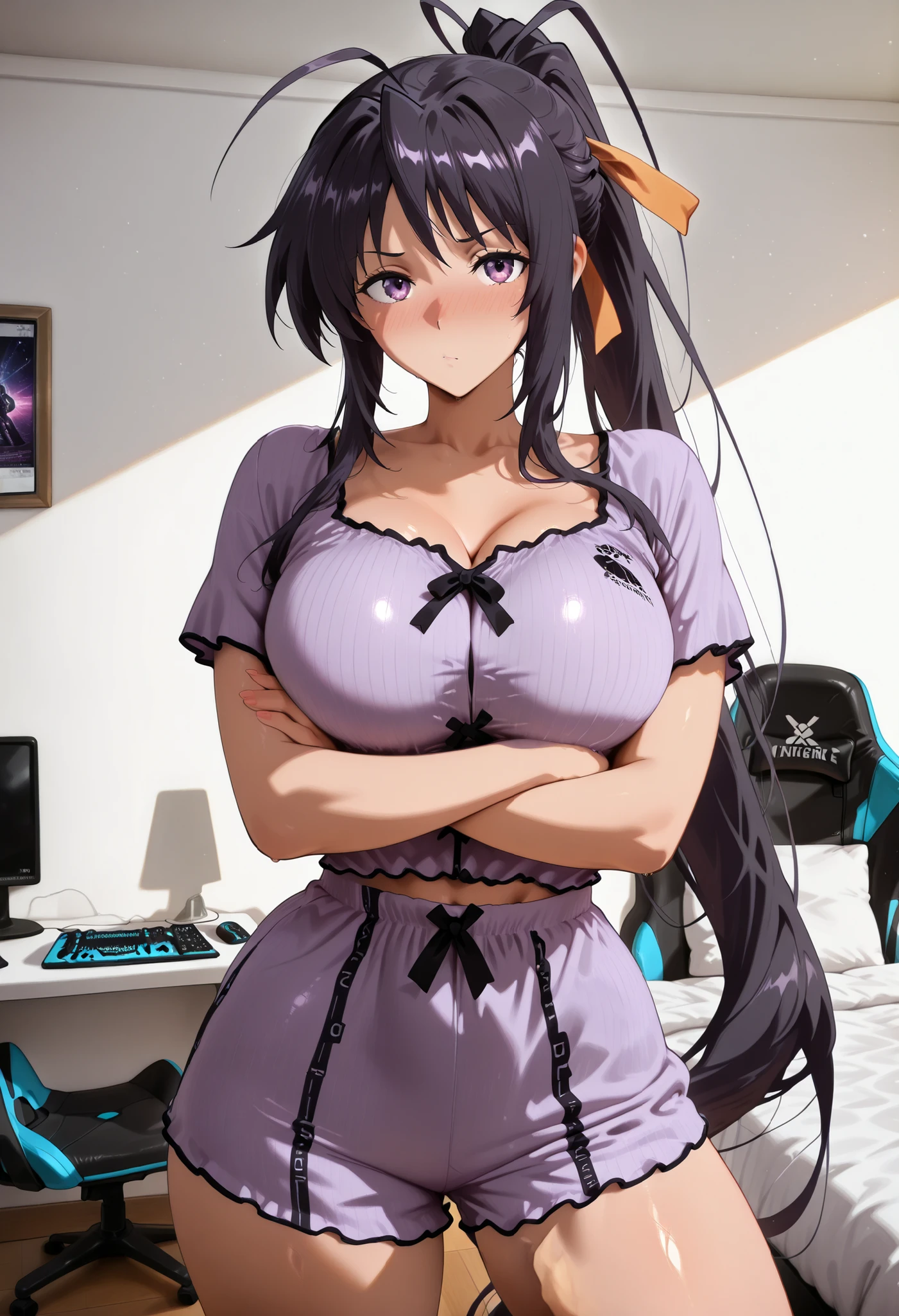 score_9, score_8_up, score_7_up, score_6_up, score_5_up, score_4_up, masterpiece, high quality, shiny skin, shiny hair, shiny body, clear body, large breasts, nose blush, nice legs, standing, nice legs, posing, SFW, looking at viewer, thick thigh, thick thighs, nice face, large breasts, solo, bedroom, posing, pose, contrapposto, detailed bedroom, bed, gaming chair, gaming pc, pants, pants, fully pants, ht_pajamas,laces, crossed arms, 1girl, akeno himejima, long hair, black hair, ribbon, very long hair, purple eyes, hair ribbon, ponytail, antenna hair,