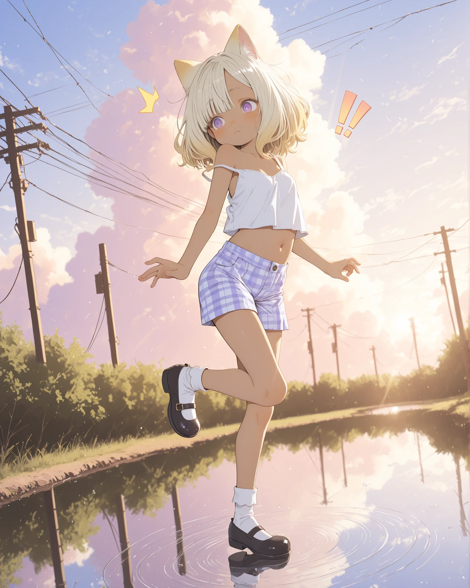 ((Abara Heiki style)), ((Masterpiece)), ((best quality, amazing quality)), ((very aesthetic, absurdres, newest)), ((detailed background, negative space, blurry background, depth of field, Asymmetrical background)), (full body), (dynamic angle, wide shot, from side), (back lighting), ((1girl, solo)), cute young Girl, (Healthy Gaunt body, Textured skin, small , tilt head), ((brown-skinned)), Big eyes, (ringed eyes, pale purple eyes, gradient eyes, averting eyes, looking at side), messy bob hair, medium hair, (long parted bangs, cute forehead, long side bangs), ash-blonde hair, slightly root black natural hair, wavy mouth, open mouth, ((!!, ^^^)), ((surprised face)), (cute cheeks), glossy lips, pouty lips, (lower eyelashes), fuzzy cat ears, BREAK, ((loose croptop, croptop overhang, strap slip, wearing white sheer croptop, shoulder, cute navel)), slightly exposed small , slightly exposed cleavage, ((plaid medium shorts, cute shorts, slightly exposed lower abdomen)), (thick-soled mary-janes, pastel colors mary-janes, showing sole of mary-janes), (loose standing on one leg, knee up, bad balancing), the shallow puddle reflecting the sky, Shallow waterside, outdoor, (reflection:1.3), (caustics), beautiful ripples, outdoor, bright sunlight, Beautiful landscape, cumulonimbus cloud, (Power lines in the background), ((Idyllic atmosphere)),