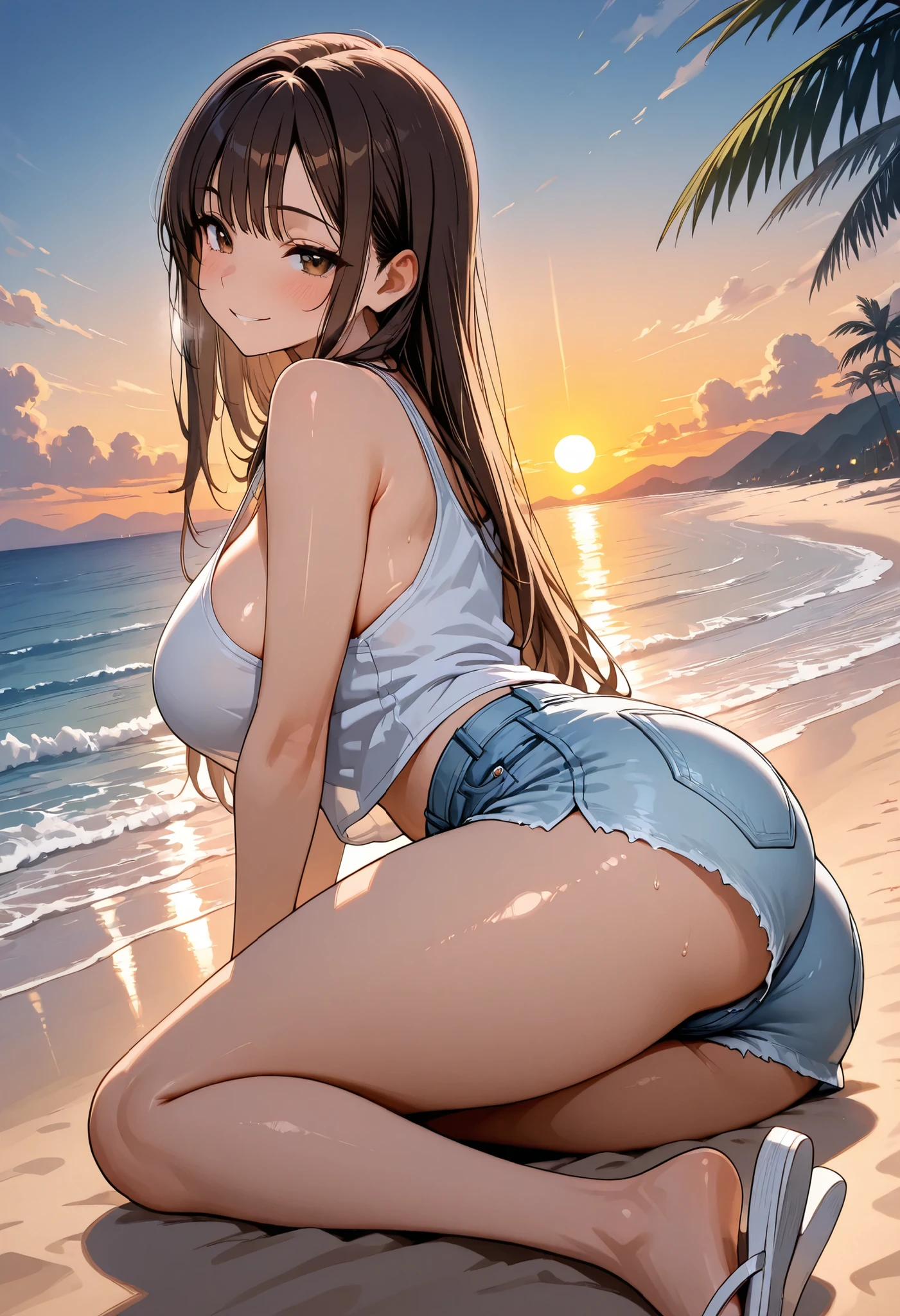 2 girl, sunset beach, white micro ??????, brown hair, straight hair, beautiful face, high detailed real eye, high quality pupil, double eyelid,  perfect body, huge ????, high detailed real skin, high quality skin, sweaty skin, wet skin, professional lighting, real shadow, masterpiece,