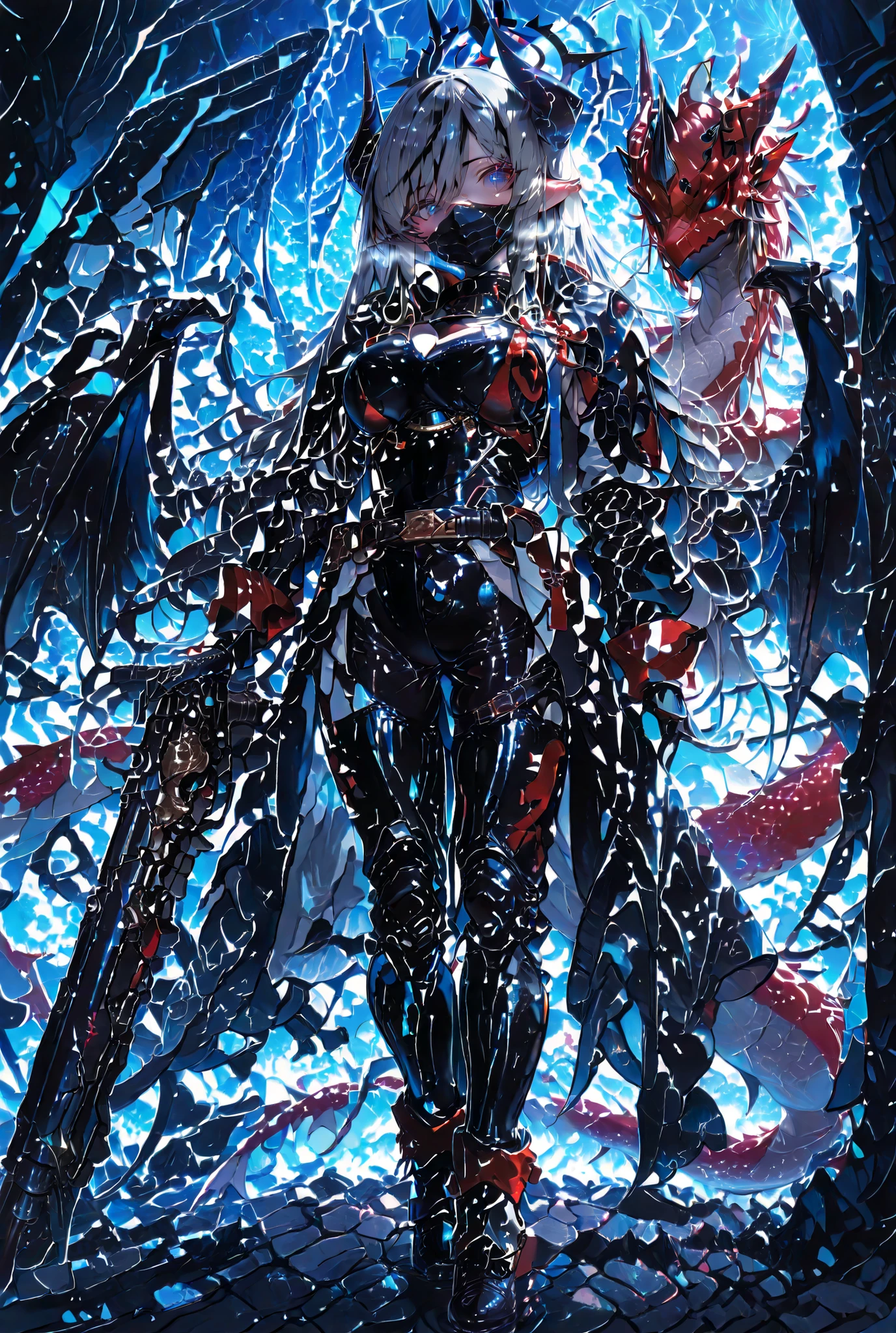 最high image quality、high image quality、solo、Monster Hunter Wild、 Rathalos guardian dragon、Beautiful girl、tall（Over 180cm）、Boobs Are G Cups or Larger,Big Breasts,The main color is black、Blue Stripes、dark haired、long hair、The hair reaches my feet、Machine Dragon Horns（Rioleus's horn）、black and blue colors、black and blue colors、Machine Dragon Wings（ Rathalos wings）、pale light runs on its head and wings、Black and Blue Sword on the Belt、Background is black、blue moon、There is black fog all around、standing、stands on a stone,I hate you,is staring at me,gray hair,long hairー,hair extends to the ground,Elf Ears,Blue Eyes and White Eyes,ABI ESHEF（blue archive）,Fully armed , Mechanical Armor,Heavy Armor,The main color is blackと紫と青,Wearing a Black Rubber Suit,blue and black tights,Black and Blue and White Boots,machine black and blue mask,black and blue neck warmer,Four artillery batteries on both shoulders, I'm wearing a black rubber suit inside a 45 caliber 46 cm 4-barreled gun,4 swords on the back 2 swords,The main color is blackとグレー,Blue Eyes and White Eyes,Bangs up to below the eyes,Blue and Black Halo,turquoise shark tail,