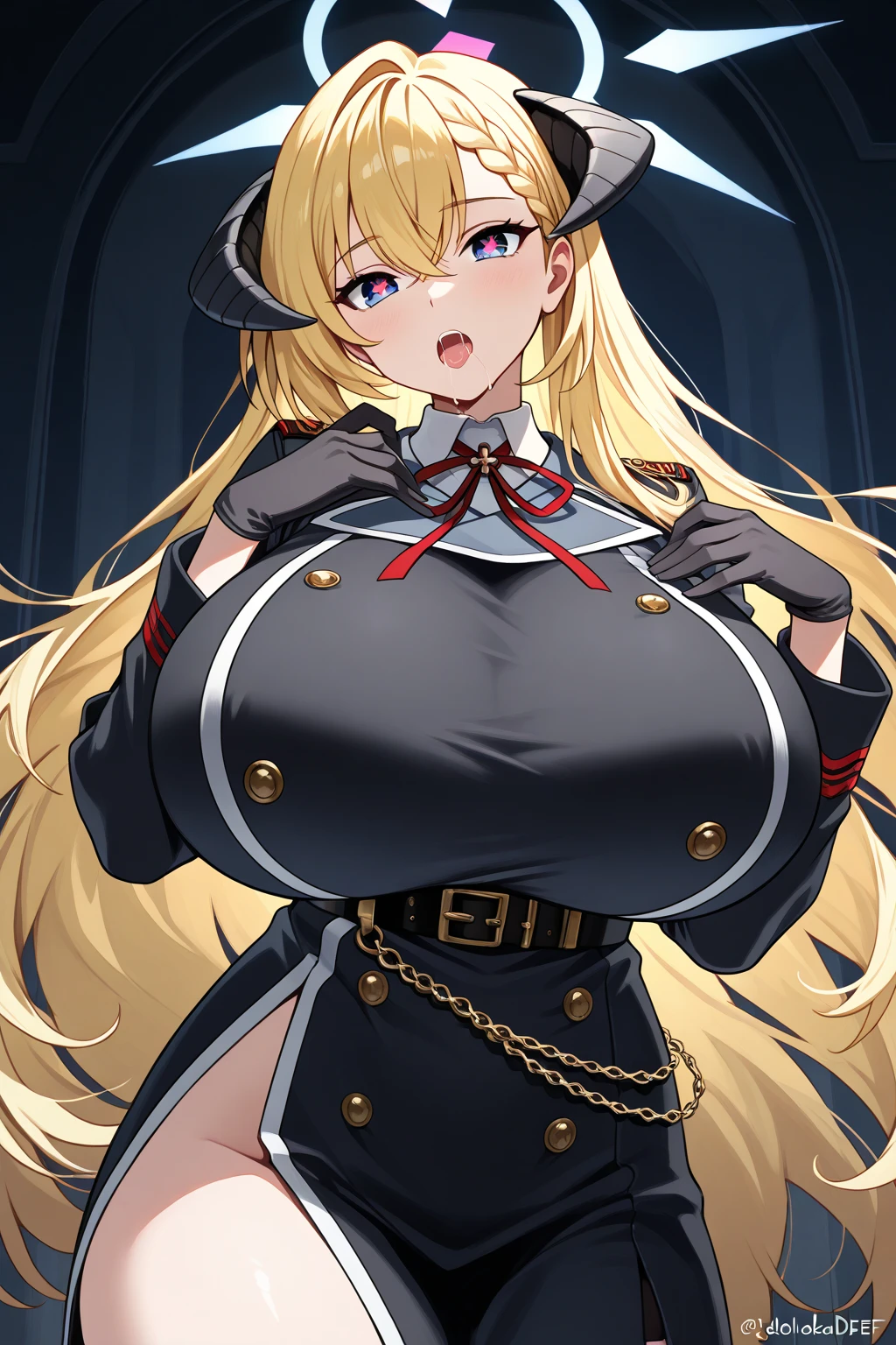 best quality, masterpiece, highres, solo, {graf_zeppelin_kantaicollection:1.15}, blonde_hair, twintails, long_hair, sidelocks, hair_between_eyes, breasts, blue_eyes, large_breasts, hat, peaked_cap, necktie, military, black skirt, short skirt, black tights, cross, blush, 1girl, looking_at_viewer, military_uniform, uniform, iron_cross, black_gloves, gloves, upper_body, ((((chained_superior)))), ((Arms suspended by chains)), arms over head, large breast, indoor, bed room, cabinet, hanged, standing, shy, scowl, teeth, sweat,