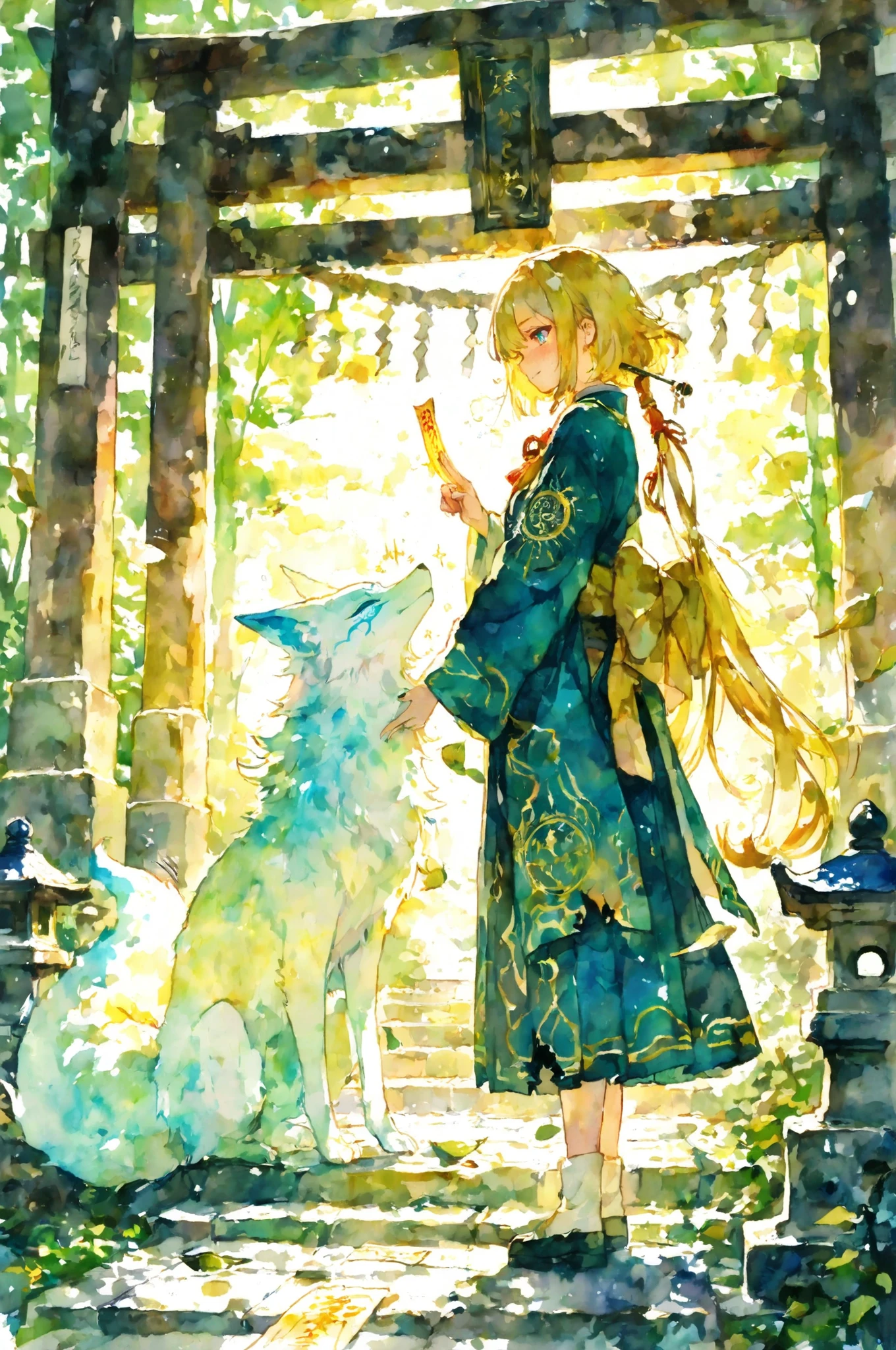 (masterpiece), manga linework with traditional japanese watercolor blending,
hake-brush gradients and paper grain, gold pigments forming covenant sigils,
The Last Keeper of the Nine-Tailed Guardian performing the summoning rite,
a colossal fox spirit emerging behind them, celestial tails flowing like ink strokes,
talisman papers fluttering, half-destroyed shrine, dusk wind scattering leaves,
soft watercolor bleeds vs sharp G-pen pressure lines, emotional calmness mixed with dread,
melancholic lighting, destiny and sacrifice in the eyes