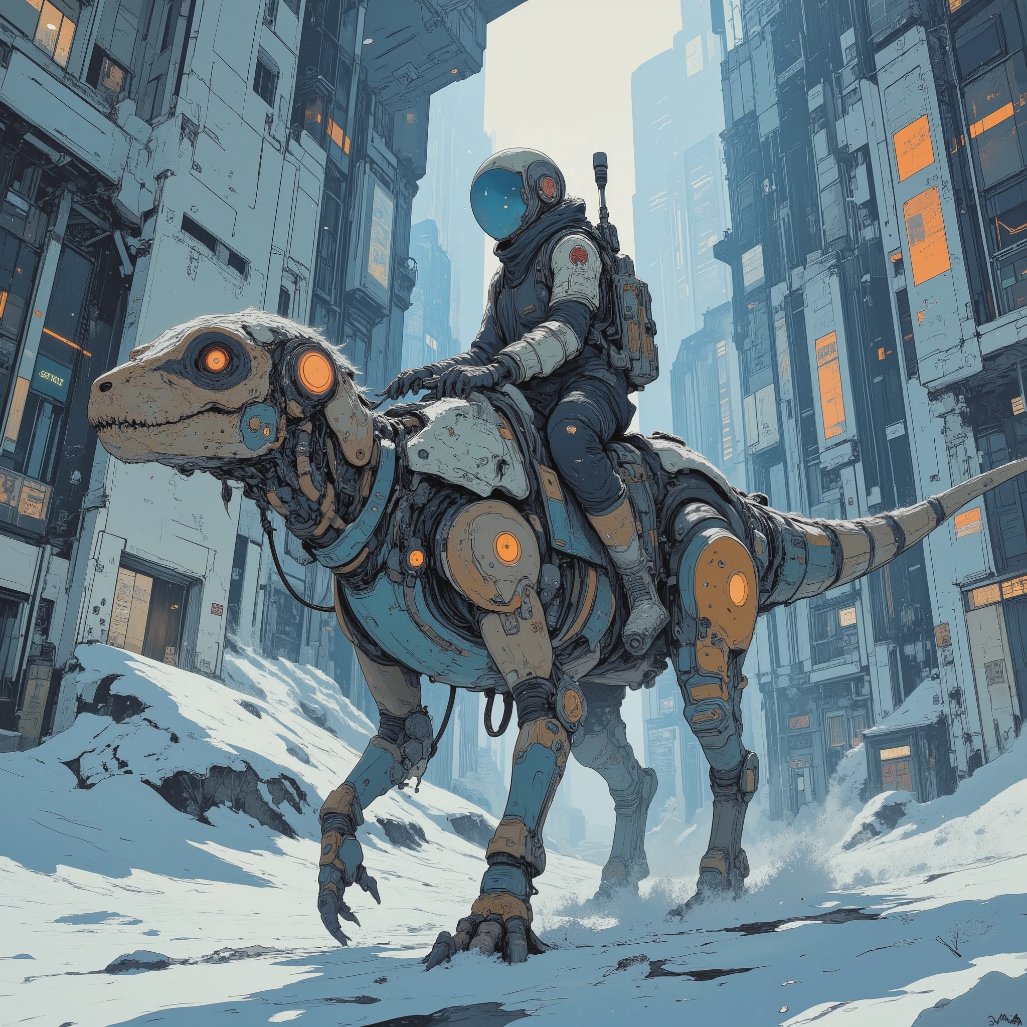 (masterpiece), (best quality), (highly detailed), (illustration), (concept art style),
A serene, atmospheric sci-fi scene set in a clean and orderly futuristic city covered in fresh snow.
Soft snowfall drifts through the air, collecting on the smooth, bright surfaces of the futuristic architecture.
(a small cybernetic raptor:1.2) with an agile, dinosaur-like body:
raptor-specific anatomy, sharp eyes, clawed feet, a low but stable posture, and a slim, balanced tail.
Cybernetic augmentations include metallic prosthetic limbs, glowing sensor modules, and exposed mechanical joints.
The creature looks alert and expressive, facing the viewer.
Riding securely on the raptor’s back is a person wearing advanced cold-weather armor,
featuring insulated segments and soft glowing lines.
The person also faces toward the viewer, their posture steady and confident,
light snow collecting on their shoulders and helmet.
The background shows a clean, utopian-style futuristic city: sleek structures, glass walkways, gentle lights diffused by falling snow, and wide open spaces with no clutter.
The mood is quiet, calm, and atmospheric — highlighting the bond between the rider and the highly detailed cybernetic raptor.