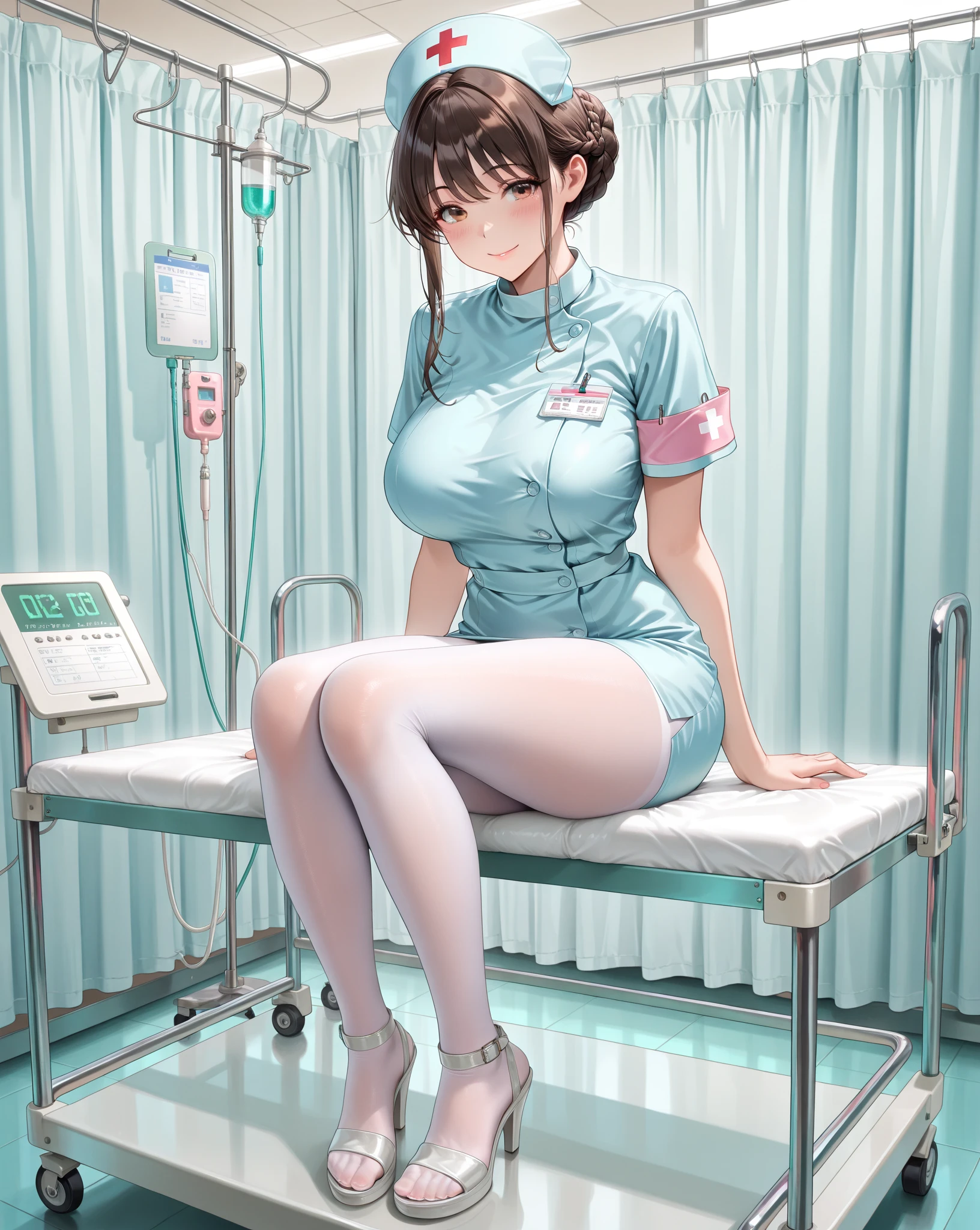 hospital,  nurse suit,nurses,busty,elbow gloves,labcoat,darkhair woman, blue eyes , gigantic boobs ,medical instruments,asian nurse,two nurses,,examination room,oversize boobs, ,big ass ,, lay on table ,legs spreaded,giving birth,gyno chair , dentist