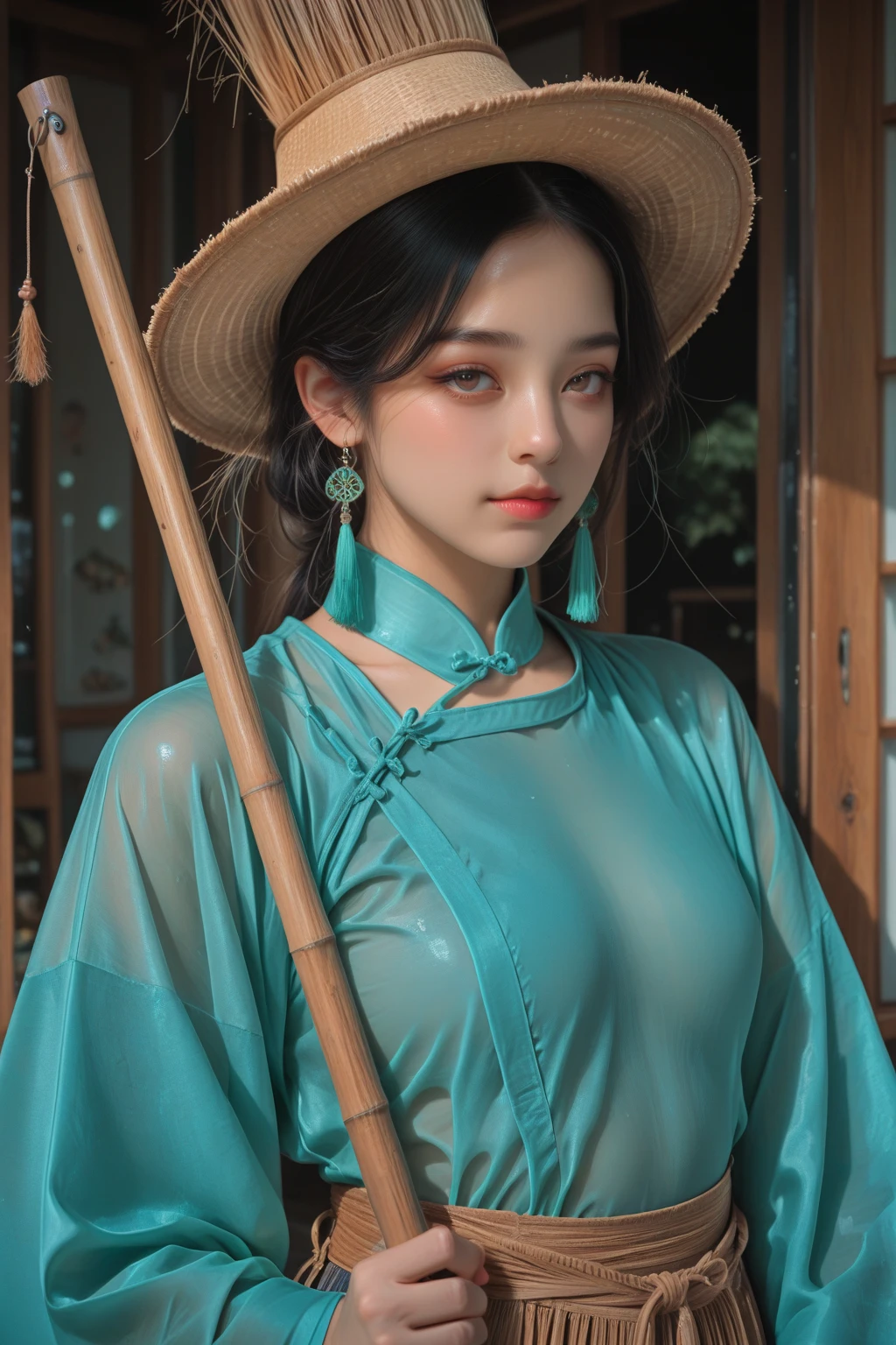 (((best quality))),(((ultra detailed))),(((masterpiece))),illustration,1girl,bun hair,( gauze hanbok:1.3),collar,slim,laughing, summer night,Korean city scape, street, neon signs, beautiful, vibrant, detailed  features,medium hair, elegance, cultural atmosphere, bustling city,tall buildings full of colorful advertisements, reflections, lively atmosphere, street food aroma,upper body,from back,(shoulder off, back,towering hips,butt crack)