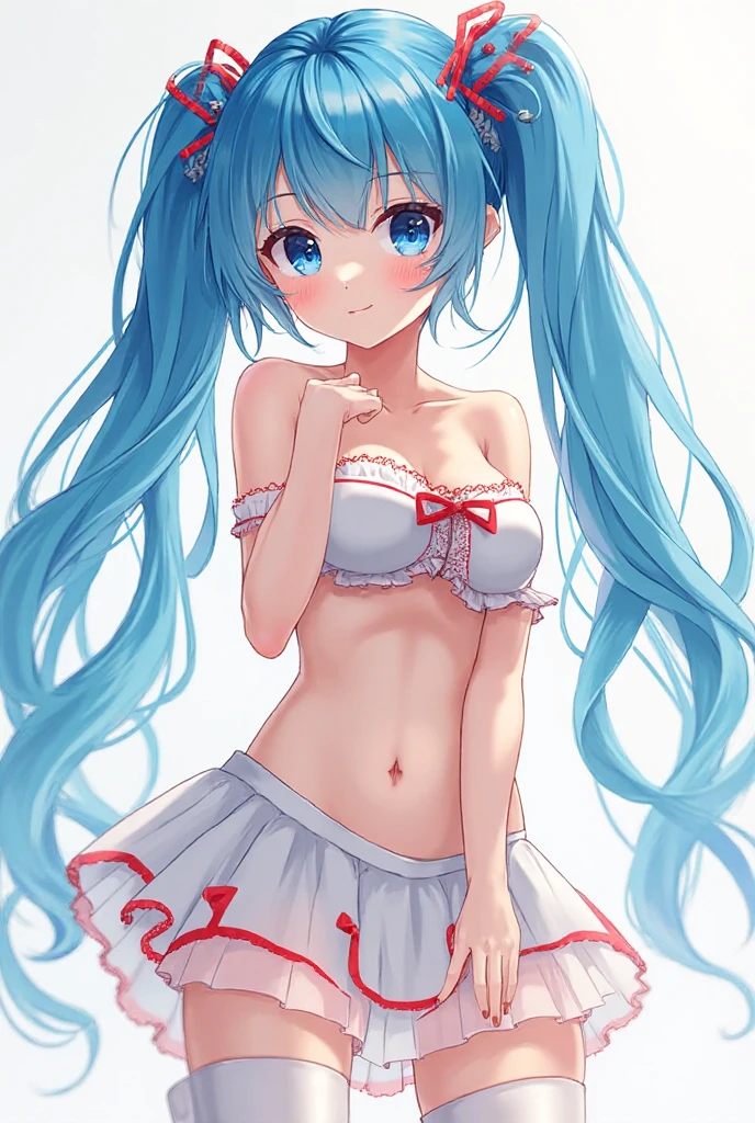 (8K、Top image quality、top-quality、​masterpiece)、1 、Light blue hair、(Twin-tailed)、Red eyes、laugh、Smaller chest、(red )、(red )、cowboy  shot、Taken from above、Locker Room Background