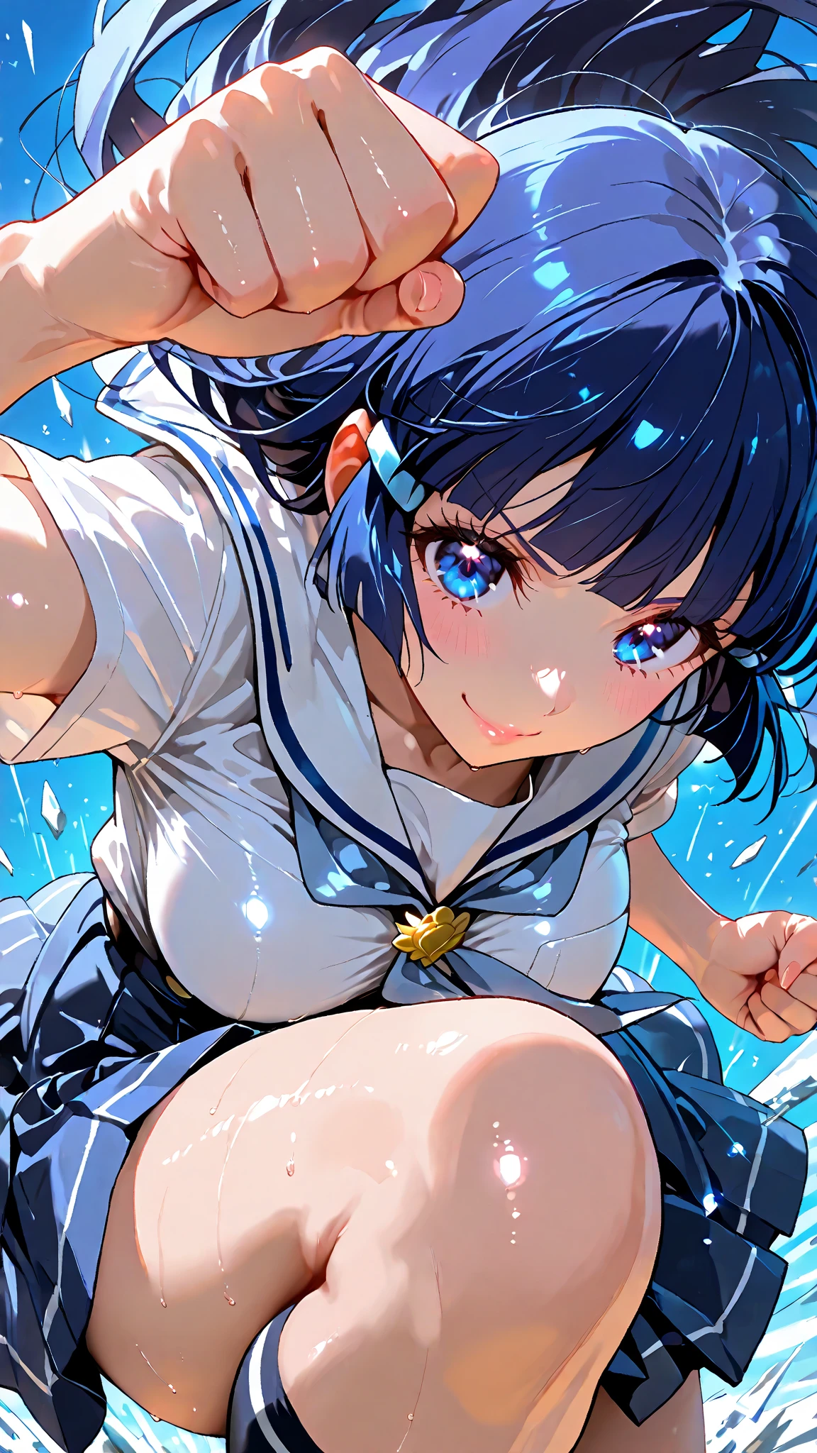 ((((Sharp focus，Vaporwave,closed eye,puckered lips,laughing,happy,sweaty skin,))))((playing bubbles,))(Masterpiece illustration,Beautiful and aesthetic:1.2,aim to viewers,from above), Best quality,Top quality, Epic quality,((((pond,))))(Sun glare, god light,))Neat face,underage,Young,Beautiful detailed hair，black hair，hyper HD, retinas, Textured skin, A high resolution, 16k ，((hairclip,blunt bangs,long sidelocks,short hair,Large bow on head)),Detailed face, 1JK, 1girl,Solo, Perfect face, Very amazing girl,(black sailor uniform,White sailor tie at front),rim-light,((rock and roll))