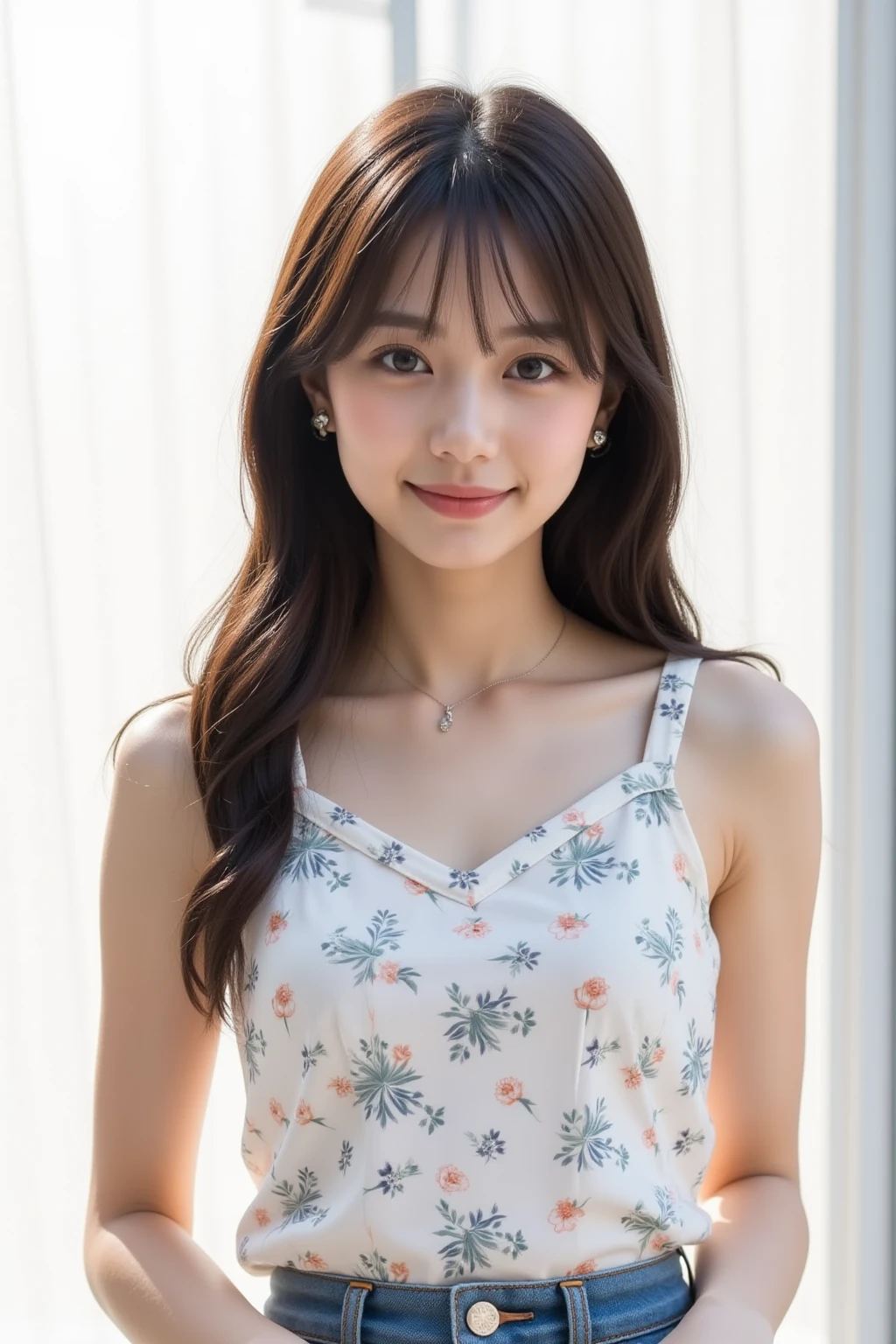 (highest quality, very cute girl) thin and thin eyebrows　light yellow camisole, (amazingly beautiful breasts) big breasts　gravure　side shot, looking at the viewer, 16 years old　 beautiful straight bob hair　flowing bangs　small head, medium breasts, sharp focus, fine skin, eyes and face　The background is beautiful and wide.. luxurious and beautiful living room　bookshelf　open book　( Tutor:1.3), shy smiling, 