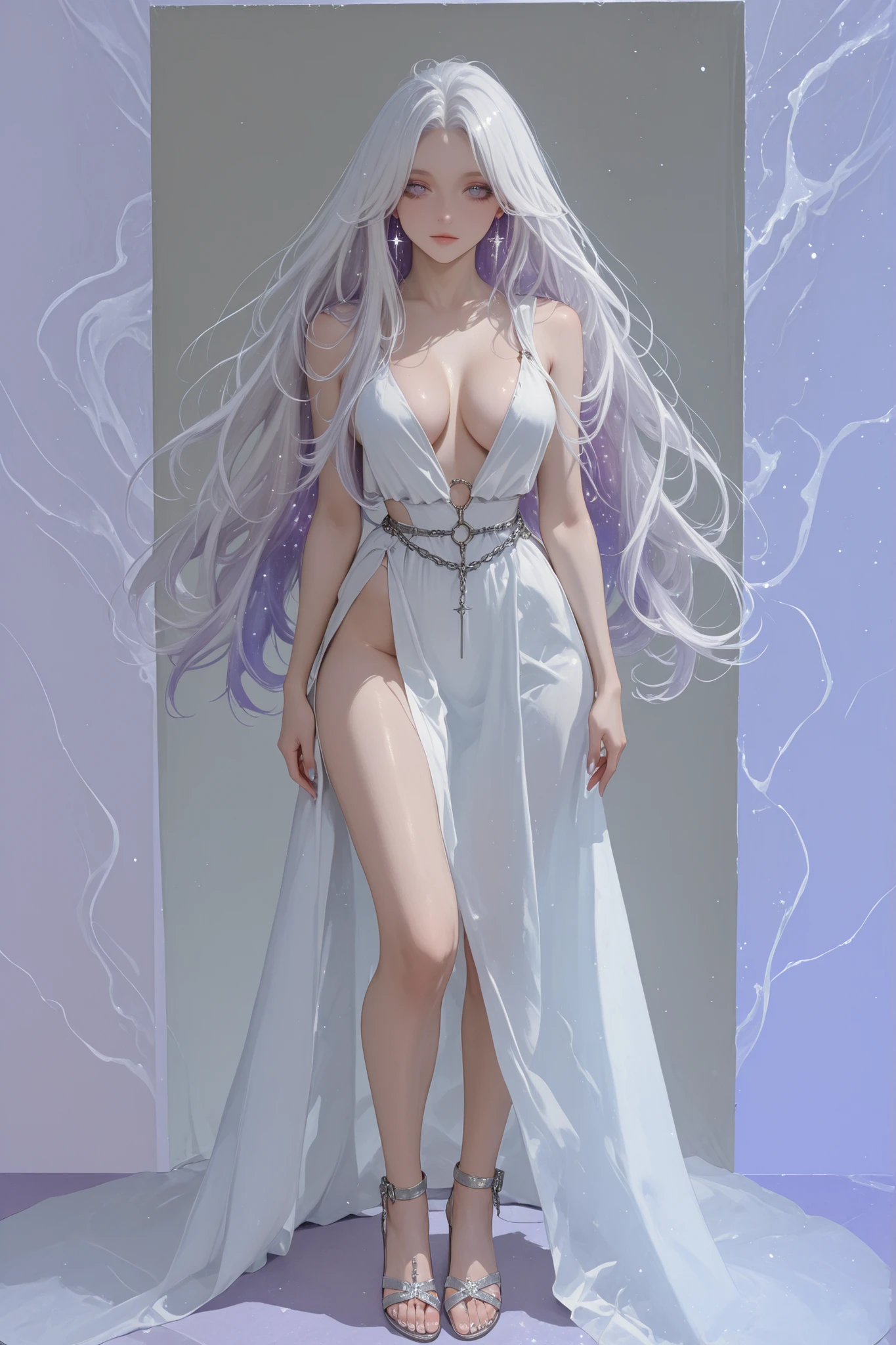 A slender young woman with long, flowing white hair stands posed in a full-body shot, looking directly at the viewer. Her hair, with subtle lavender undertones, cascades past her hips. She wears a delicate, flowing white dress with a plunging V-neckline that reveals significant cleavage and high slits on both sides, exposing her legs. Silver, chain-like straps adorn her shoulders. She completes her ensemble with white high-heeled sandals. The background is minimalist, with soft white and light blue tones, featuring subtle sparkling accents that suggest a magical or ethereal atmosphere. The lighting is soft and even, highlighting her fair skin and the ethereal quality of her attire.