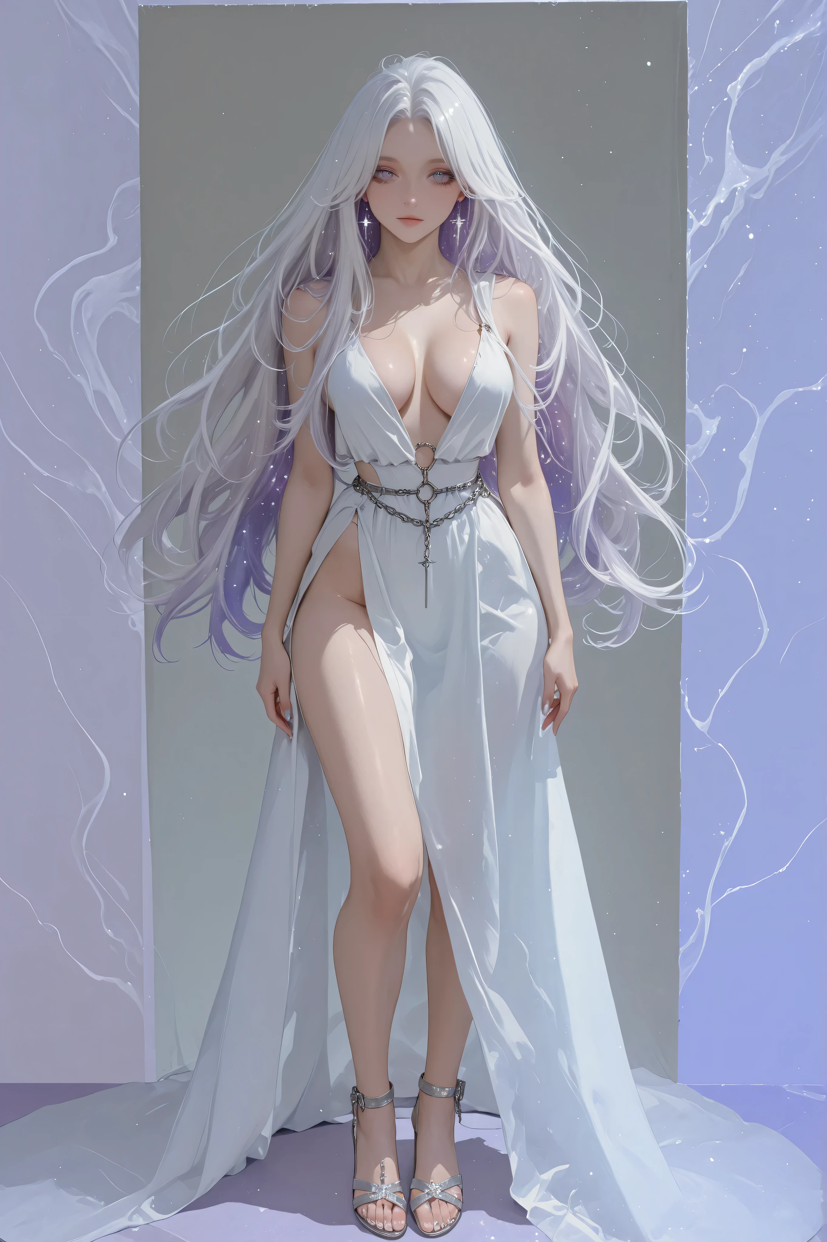 A slender young woman with long, flowing white hair stands posed in a full-body shot, looking directly at the viewer. Her hair, with subtle lavender undertones, cascades past her hips. She wears a delicate, flowing white dress with a plunging V-neckline that reveals significant cleavage and high slits on both sides, exposing her legs. Silver, chain-like straps adorn her shoulders. She completes her ensemble with white high-heeled sandals. The background is minimalist, with soft white and light blue tones, featuring subtle sparkling accents that suggest a magical or ethereal atmosphere. The lighting is soft and even, highlighting her fair skin and the ethereal quality of her attire.