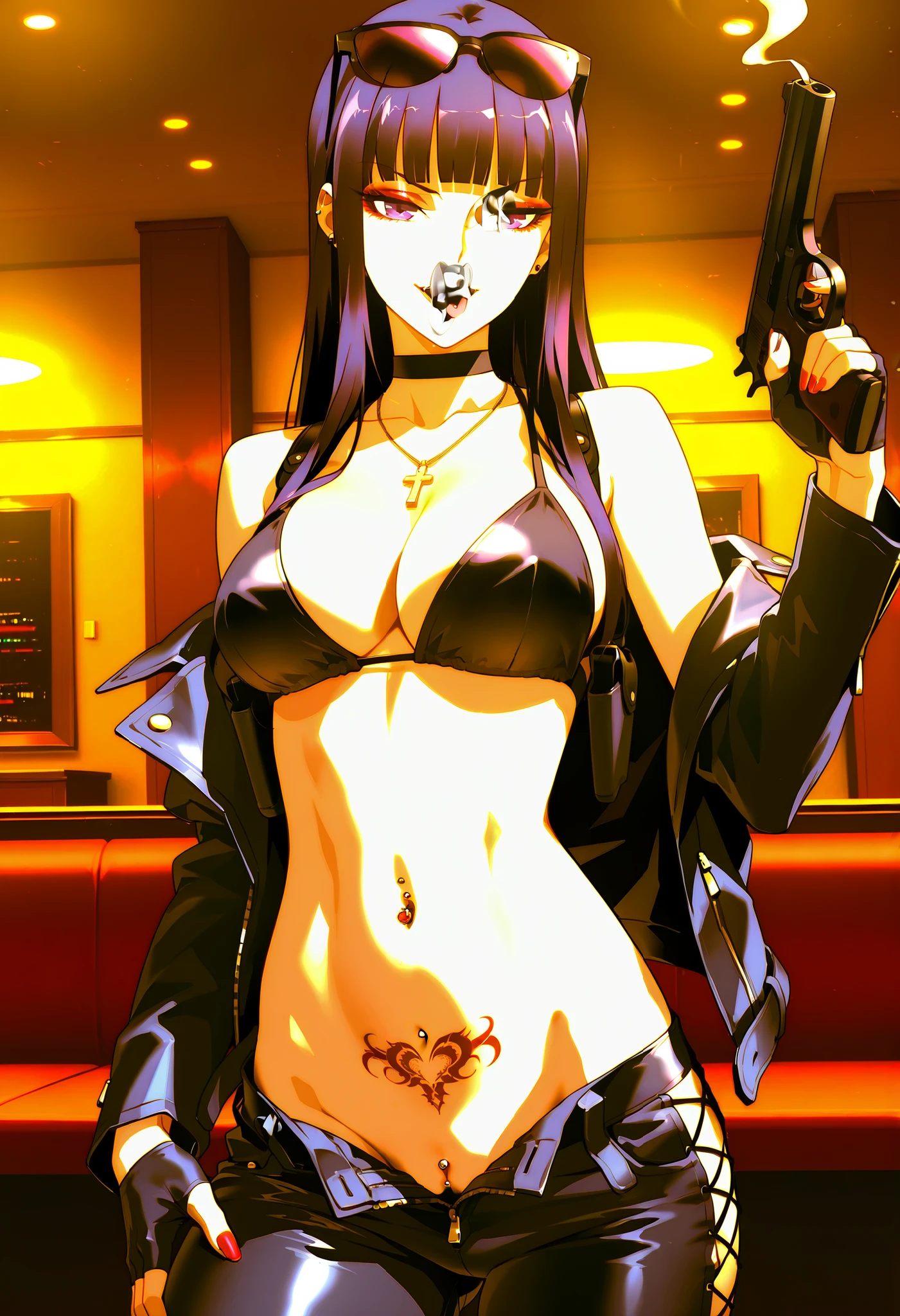 1girl,mature female, sakatoku mai, purple eyes, long hair, black hair, blunt bangs, , makeup, eyeshadow, lipstick, nail polish, ear piercing, long hair, , lipstick, Hot girl, baddie, smoking, sensual, attractive ,choker, ,cross necklace,,,bar background, inside bar ,indoors, , casino, , shoulders ,, , leather pants , , fingerless gloves , leather , short , , cowboy shot , masterpiece , best quality , highly detailed , a girls with a gun , evil smile , open mouth , gaze , badass pose , evil smile , smile , () , guns blazing , anime girl with long hair , beautiful long haired girl , navel , evil expression , exposed belly , exposed navel , exposed midriff , exposed lower belly , long black pants , cleavage , unbuttoned leather pants , open fly , low rise black leather pants , leather jacket , holding a gun , holding pistol , unbuttoned shirt , collared shirt , knot , pull_down leather pants , (show off panties , :1 . 2 , no panties) , pull_down long black pants , pull_down black leather pants , zip up leather jacket , top , navel piercing , cross-laced slit , tongue piercing , tongue out , open mouth , ,, , shoulder holster,, sunglasses on head, ,dragon tattoo on waist, narrowed eyes, tattoo on waist, anipai_style , anime screencap , anime coloring,, v-shape eyebrows,,
