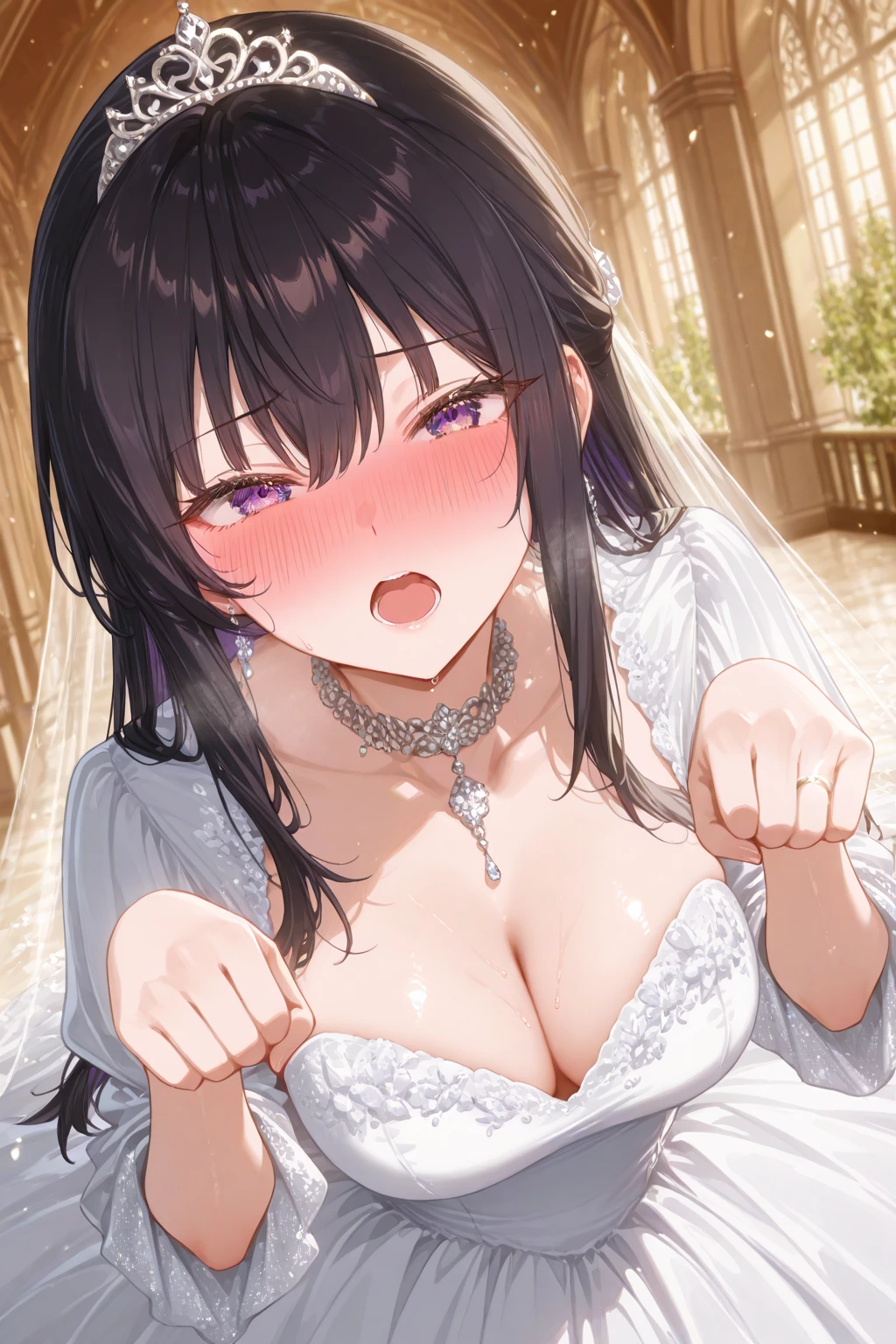 pov, , , 2girls,,1boy,  , between the ,  wedding dress, accessories, cleavage, room, bed, sweat,