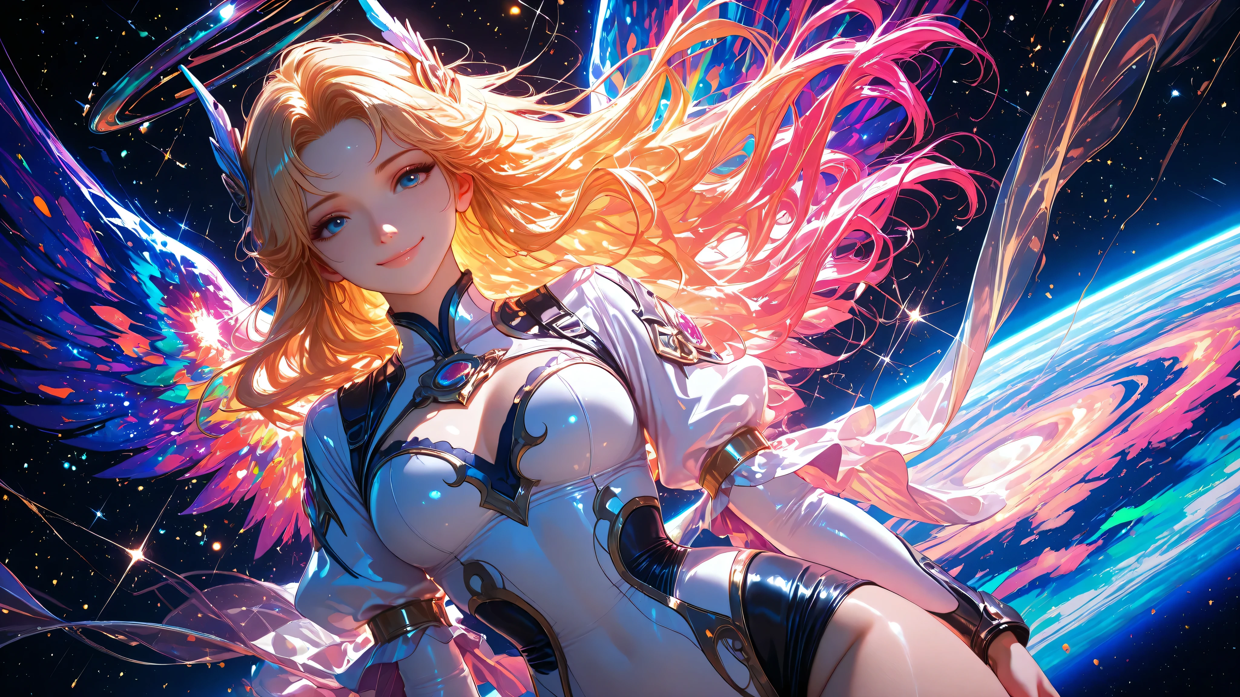 1girl, smile, iridescence, dramatic angle, space, (floating colorful sparkles:1.3), Dramatic Lighting, Chiaroscuro, Evocative Depth