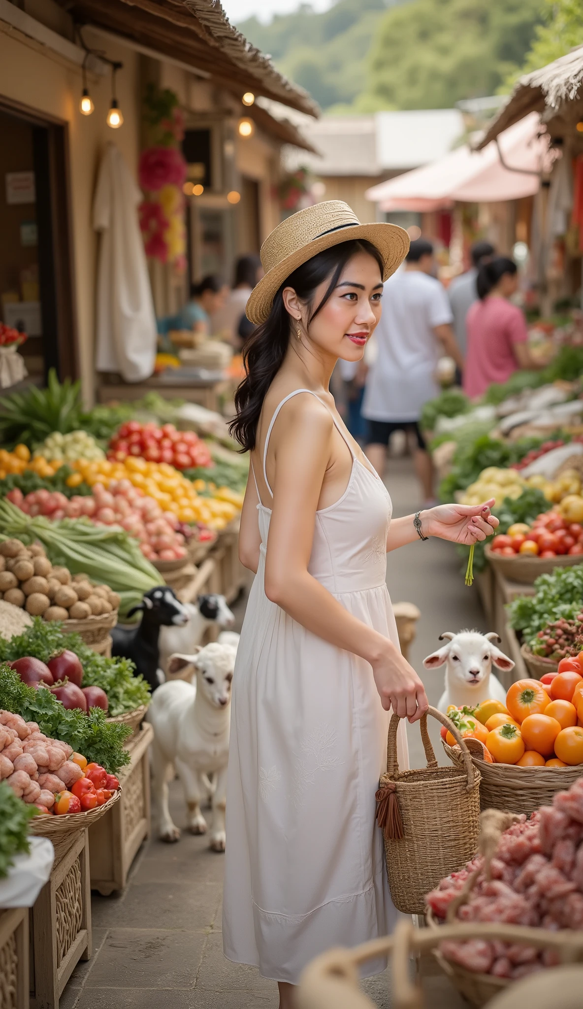 At a lively morning market、A beautiful woman in her mid-20s is picking fresh vegetables and fruits。she wears a white linen dress、wearing a straw hat、Seven little goats holding a basket 。the morning sun gently illuminates her profile、and is surrounded by colorful vegetables and marine products。an atmosphere where you can feel the vibrancy and aroma of the market。realistic, cinematic colors、natural light、background with bokeh effect、8K Clarity。