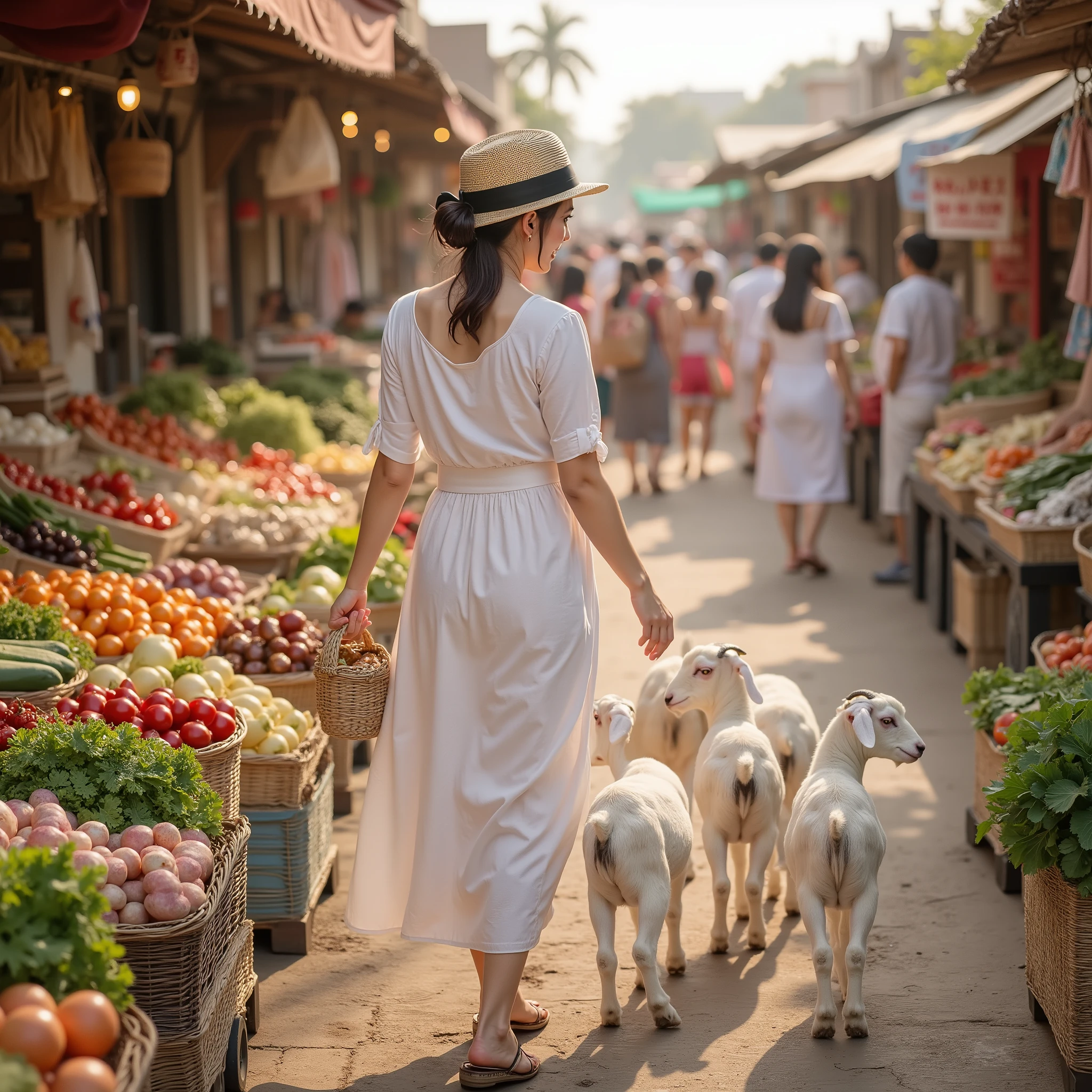 At a lively morning market、A beautiful woman in her mid-20s is picking fresh vegetables and fruits。she wears a white linen dress、wearing a straw hat、Seven little goats holding a basket 。the morning sun gently illuminates her profile、and is surrounded by colorful vegetables and marine products。an atmosphere where you can feel the vibrancy and aroma of the market。realistic, cinematic colors、natural light、background with bokeh effect、8K Clarity。