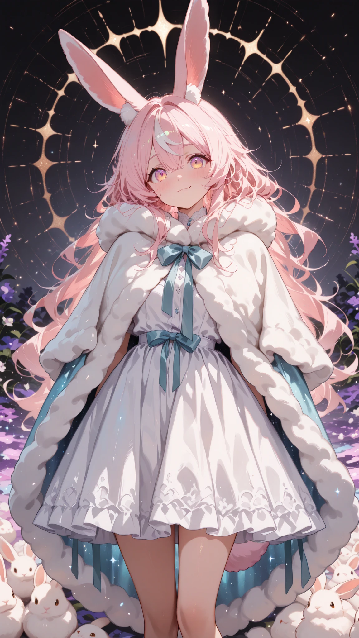 high quality, masterpiece, ultimate detail, 1 girl, Long Rabbit Ears ,droopy ears, fluffy long hair, Cream Hair, soft texture like rabbit hair, big kind eyes, Fluffy White Dress, fluffy cape , Big Ribbons on Her Neck, cute expression peeking through a grey surface, Focus on the rabbit's round tail , Fantasy Background, pastel, soft light, anime style, gentle smile