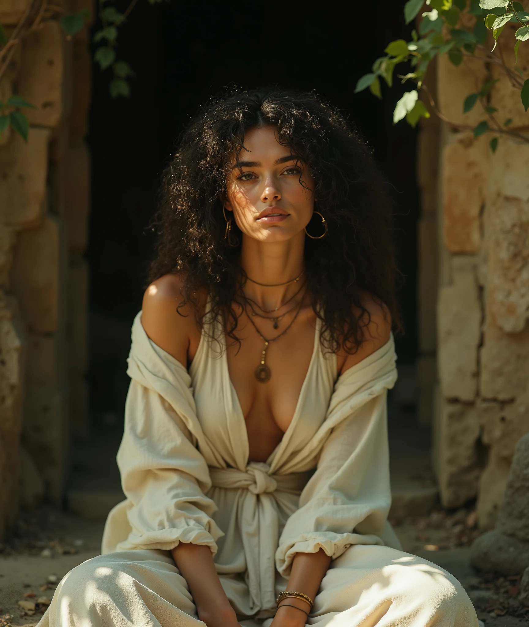 Professional cinematic portrait photography, photorealistic digital art, 8K, film-like quality. Close-up of a powerful young Wilderness Oracle with Mediterranean features, warm skin, and voluminous dark curly hair. Intense, confident expression, looking directly at the camera. Wearing minimalistic ancient layered robes (raw silk and linen in cream and off-white) and weathered bronze accessories. Seated low-angle pose in the stone entrance of an ancient, dimly lit sanctuary. Soft, natural sunlight filtering from above, casting a gentle warm glow on her face, creating deep, realistic natural shadows (chiaroscuro). Dark moody, intimate, and contemplative atmosphere. Muted color palette, low saturation, earthy tones (cream, slate gray, bronze, moss green). Cinematic style, shallow depth of field, subtle film grain, natural lighting, sharp focus on face. Masterpiece.
avoid: vibrant colors, oversaturated, dramatic volumetric god rays, excessive magical glowing effects, bright particle effects, fantasy illustration style, artificial dramatic lighting, neon colors, high contrast