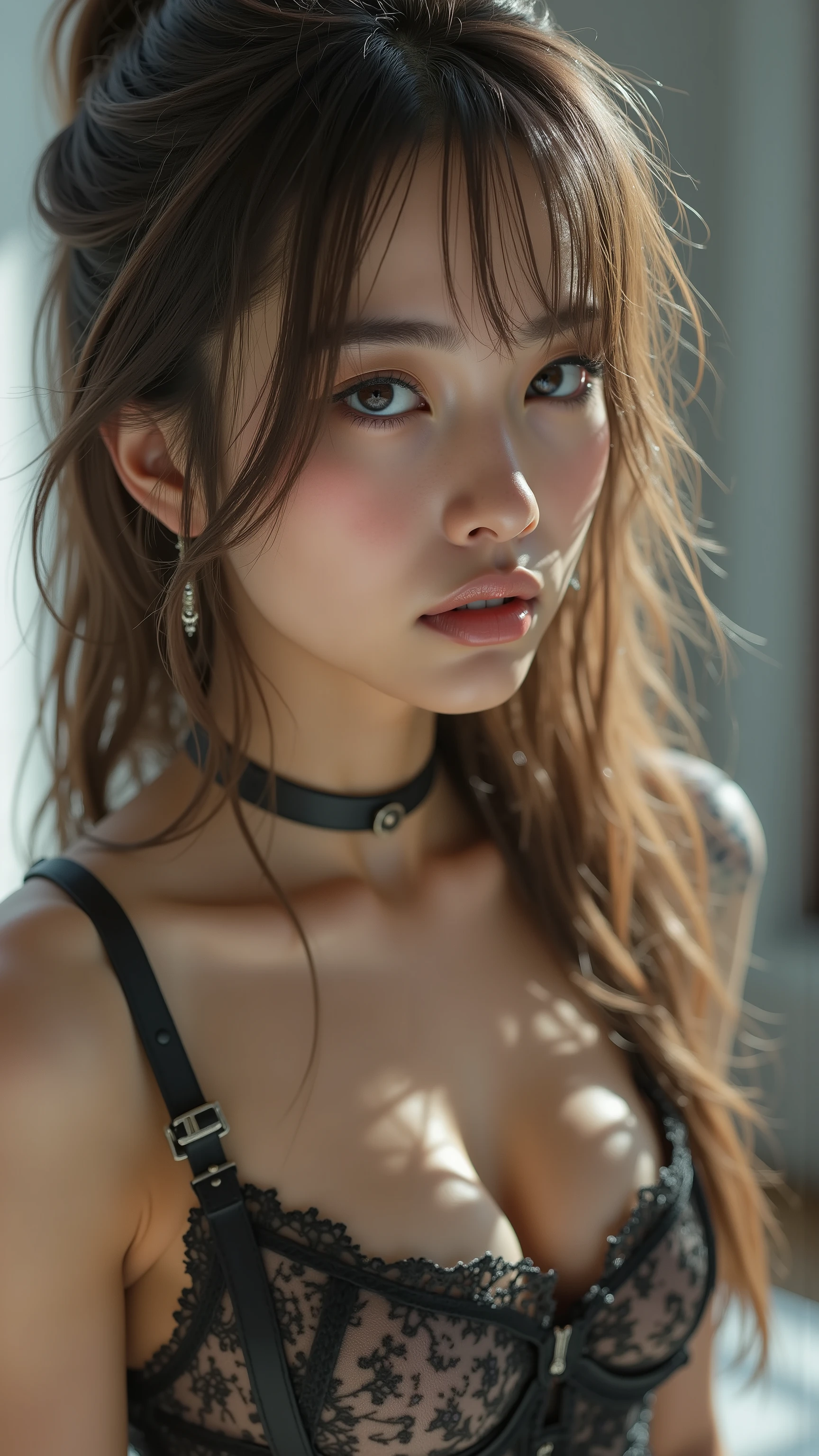  Realistic, (Photorealistic realism), ((ultra quality, extremely details, digital art)), ((focus on extremely Realistic Proportion Body, Anatomically Correct:1.2)), Beautiful Girl, "Eyes (acid-resistant terminology) (macro-details:1 . 25) * Moist corneal surface (visible aqueous layer:1 . 2) * Hyper-detailed iris stroma (brown) * Precise limbal ring (slightly darker pigmentation:1 . 22) * Pupil micro-texture (irregular edge authenticity:0 . 9) * Vasculature in sclera (subtle red veins radiating from limbus)", "Lashes: blue individual synthetic fibers (crosshatched roots:1 . 2 , clump-free separation)" Technical Specs: (Optics: - "Zeiss Otus85mm f/1 . 4 lens (eye refraction calculations:0.8)" - "Shutter Speed:1/500 (freeze eye micro-movements)" - "(Focus Stacking:7-point coverage on iris plane") (Post-Processing: - "Frequency separation for skin vs eye details" - "Selective sharpening: eyes180% , hair120%" - "Denoise: luminance20 , color35 (retain corneal speculars:1.21)") (Avoid: "pupil distortion , uncanny valley asymmetry , plastic-like wetness")}, UHD, perfect female body, (Beautiful long legs in good style:1.35), ((no bra, no panties:1.3)), (medium butt), (skinny body build),(perfect hot model body:1.4), ((slim belly: 1.2)), (muscular body), dress a beautiful girl with a perfect figure in something nice, made of available materials [(latex:1.3), ((lacy)), (jewelry), bracelets, pendants, earrings)], I encourage you to draw them at the same time, ((Use any technique, any style, any outfit, Sew, ((embroider)),choose the color of your eyes, hair and even hairstyles)), ((I encourage you to choose the right background for your phenomenally drawn creation)), (Use any technique, any style, any outfit, arms tattoo,((micro skirt)),angelic cute face,white teeth, perfect beauty, long eyelashes, neon pink lips, oiled skin (psychedelic background, paranoia background),