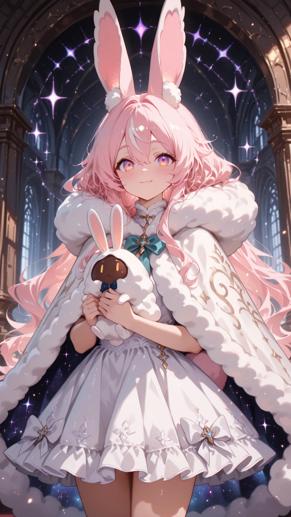 high quality, masterpiece, ultimate detail, 1 girl, Long Rabbit Ears ,(((droopy ears))),fluffy long hair, Cream Hair, soft texture like rabbit hair, big kind eyes, Fluffy White Dress, fluffy cape , Big Ribbons on Her Neck, cute expression peeking through a grey surface, Focus on the rabbit's round tail , Fantasy Background, pastel, soft light, anime style, gentle smile