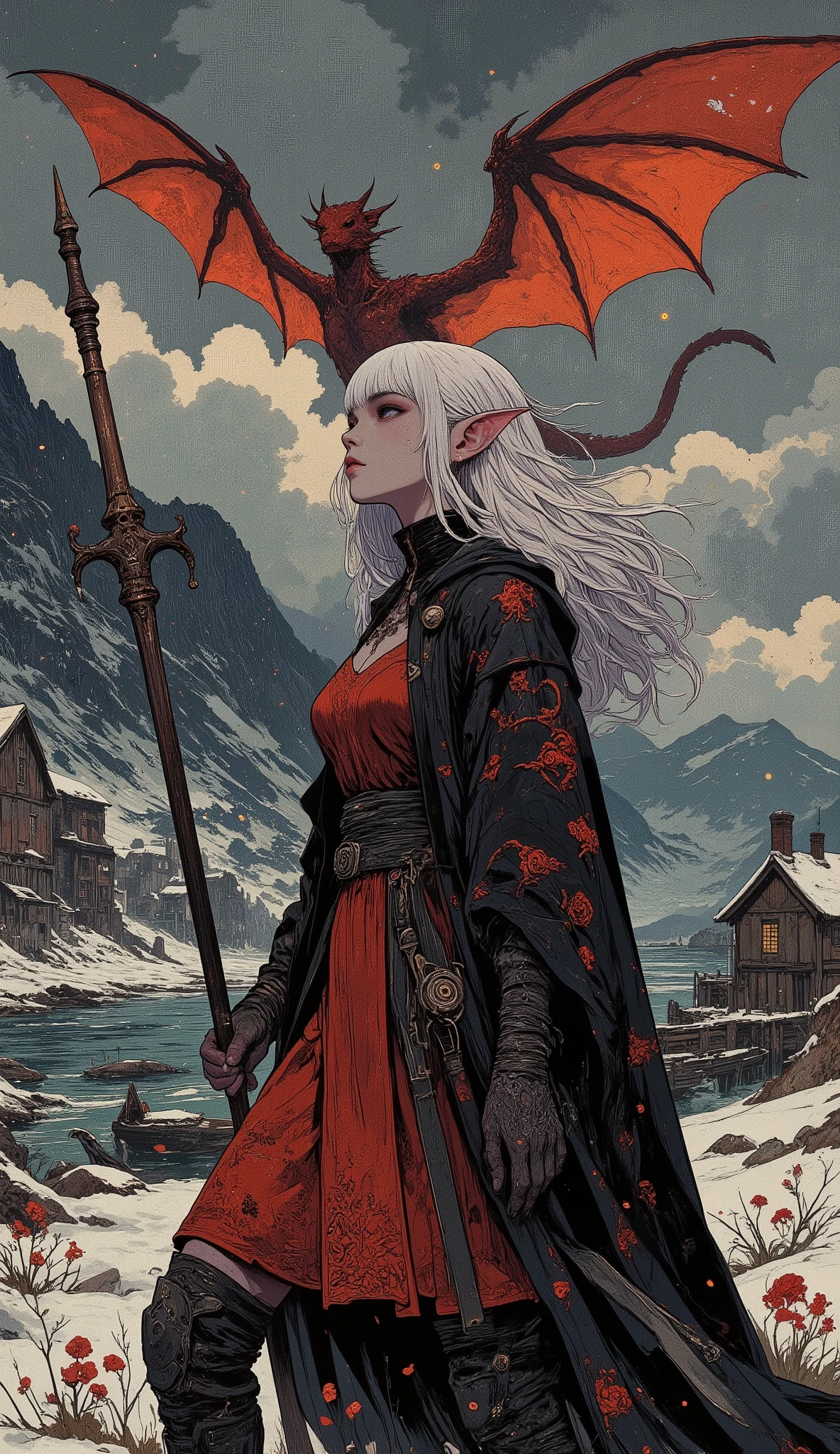 (A digital art piece blending ukiyo-e with dark fantasy, creating an aesthetic and gothic style. Detailed depictions of the face and body. Dark heroine.) BREAK
(A small port town in medieval Scandinavia, where the sea freezes in bitter cold. Dark gray clouds hang low in the sky, and a fierce blizzard blankets the surroundings in white mist. A Fire dragon spreads its wings wide, flying gracefully through the air. A dark elf dragon slayer stands with her back turned, her body twisted in a bold pose, gazing at the fire dragon while holding a dragon lance longer than her own height in one hand.) BREAK
(The dark elf dragon slayer has snow-white hair, a blunt fringe, long flowing locks, long white lower lashes, lavender-colored eyes, thick dark eyeliner, and pink lips.) BREAK
(The dark elf dragon slayer wears a cloak of jet-black velvet embroidered with tiny red scorpions in a medieval Spanish gypsy-inspired design, paired with a short-hemmed, dark red velour lace-up dress. She wears soft black leather boots with knee-length turn-ups. A silver dagger hangs from her waist belt.)