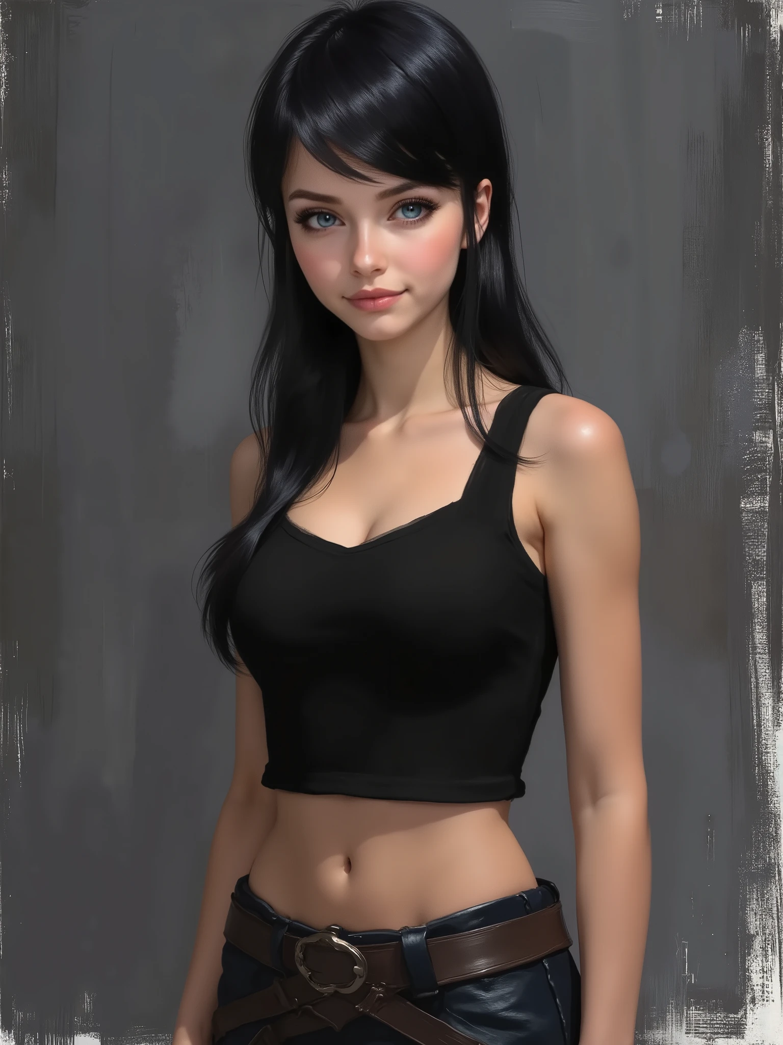sketch painting, marinette Dopanchan, A very beautiful and cute 22 year old woman. (Sharp focus on the face:1.5), (blue eyes:1.5), (((western eyes))), (extremely detailed blue eyes:1.5), (((beautiful eyes, beautifully detailed eyes))), (((delicately detailed thin pink lips))), (((long hair))), (thin waist), (perfect thighs:1.5), (perfect body:1.5), (perfect anatomy), (anatomical correct). (jet-black medieval style sleeveless t-shirt:1.5), (dark_blue medieval style leather warrior pants:1.5), deep gaze, slight smile. (((The background is dark_gray and painted with expressive, visible textures using dynamic brushstrokes and strokes that add depth and movement. The paint covers only the area just behind the subject. The outer edges of the image with black margins, as if the background had been painted with a brush and with expressive and visible textures using dynamic brushstrokes and strokes fading toward the edges creating a modern and artistic vignette effect))). Cinematic lighting, vibrant colors, (cowboy shot:1.5, standing:1.5), (full body view), looking at the viewer, dynamic pose, graceful pose, soft depth of field, (masterpiece:1.5), (best quality:1.5), (((high resolution, top quality, high quality, UHD, 16k quality))), clear image, sharp focus, no blur, film grain, bokeh.