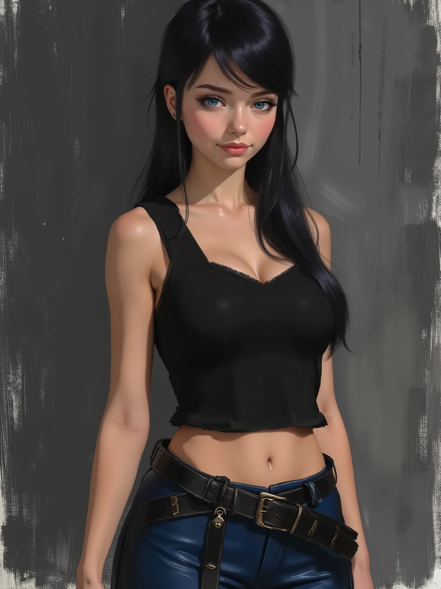 sketch painting, marinette Dopanchan, A very beautiful and cute 22 year old woman. (Sharp focus on the face:1.5), (blue eyes:1.5), (((western eyes))), (extremely detailed blue eyes:1.5), (((beautiful eyes, beautifully detailed eyes))), (((delicately detailed thin pink lips))), (((long hair))), (thin waist), (perfect thighs:1.5), (perfect body:1.5), (perfect anatomy), (anatomical correct). (jet-black medieval style sleeveless t-shirt:1.5), (dark_blue medieval style leather warrior pants:1.5), deep gaze, slight smile. (((The background is dark_gray and painted with expressive, visible textures using dynamic brushstrokes and strokes that add depth and movement. The paint covers only the area just behind the subject. The outer edges of the image with black margins, as if the background had been painted with a brush and with expressive and visible textures using dynamic brushstrokes and strokes fading toward the edges creating a modern and artistic vignette effect))). Cinematic lighting, vibrant colors, (cowboy shot:1.5, standing:1.5), (full body view), looking at the viewer, dynamic pose, graceful pose, soft depth of field, (masterpiece:1.5), (best quality:1.5), (((high resolution, top quality, high quality, UHD, 16k quality))), clear image, sharp focus, no blur, film grain, bokeh.