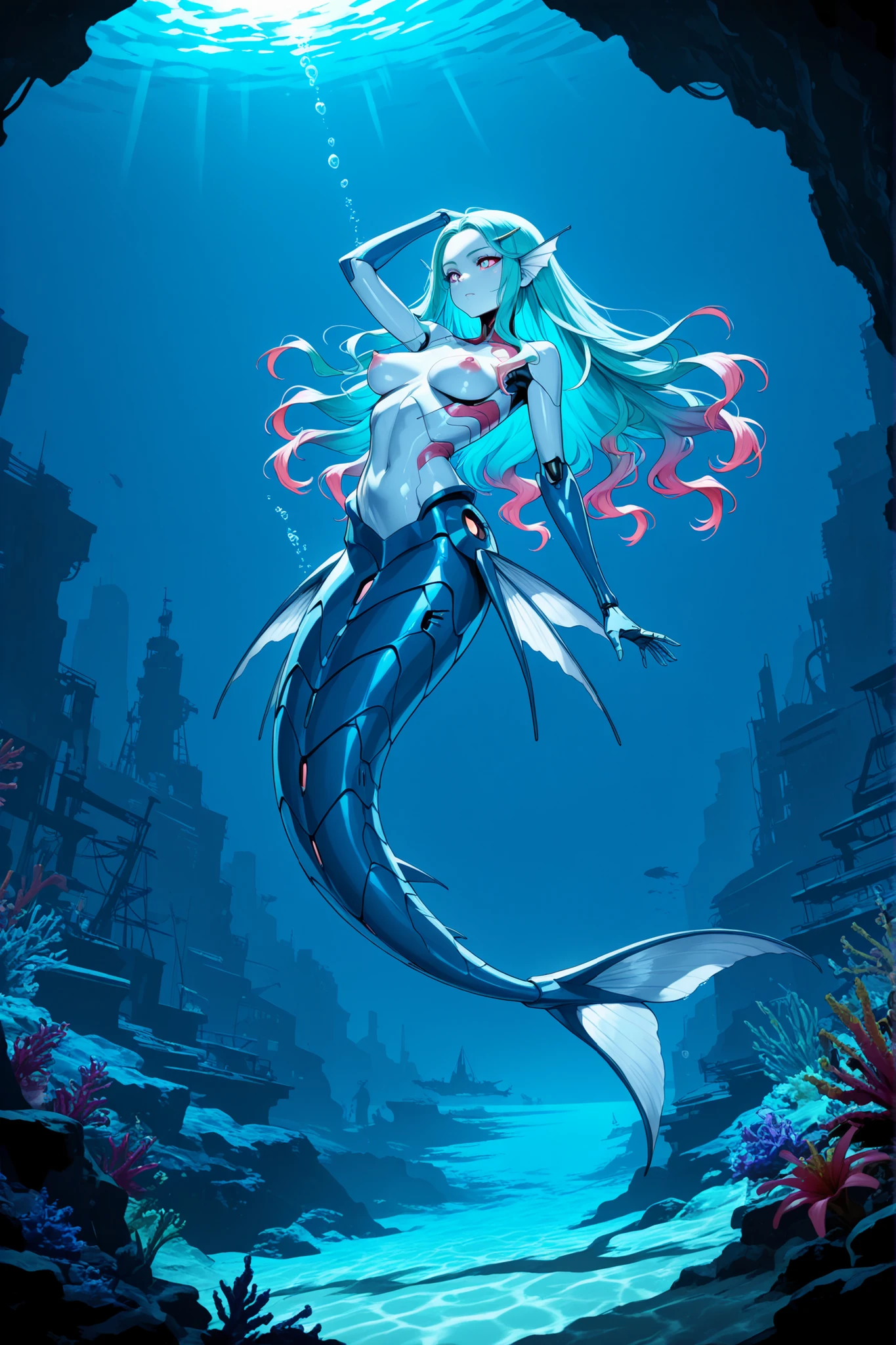A slim young tropical cyberpunk cyborg mermaid, she has extremely long wavy colorful lush hair, robotic skin, stirped skin, mechanical body, mechanical mermaid tail, naked, she is swimming at an underwater cyberpunk submerged city, cyberpunk Theme, nautical Theme, Digital Art, Extreme Detail, 4k, Ultra Hd, Polished, Beautiful, Hyperdetailed, Intricate, Elaborate, Meticulous, Sharp Focus, Digital Illustration, Pose, Suggestive Pose, Lewd, Full Body Shot, perky breasts, erect puffy nipples, anatomically correct 💖❤💕💋❣