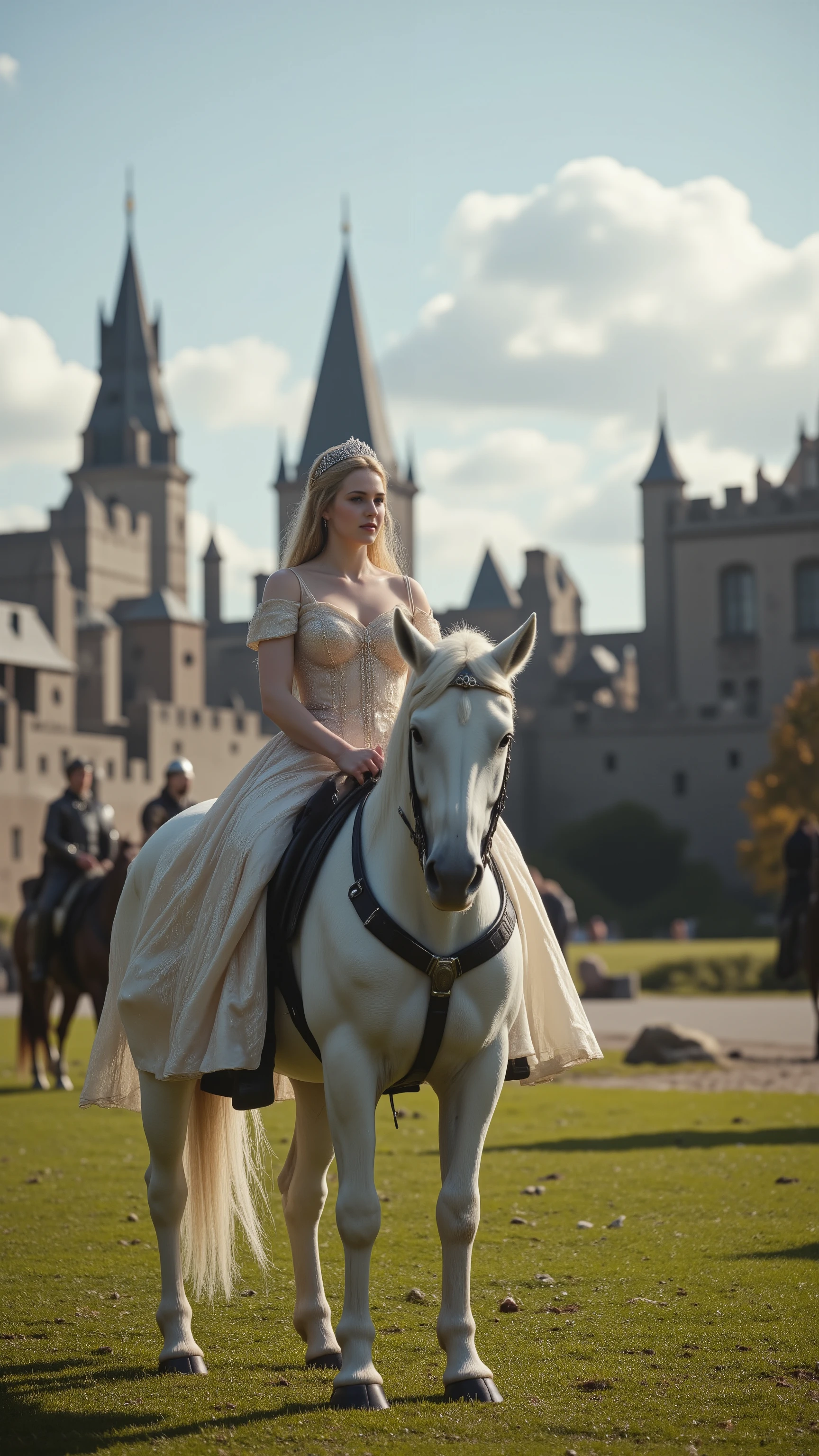 8K picture、 Princess Charlotte on a White Horse、 護衛の騎馬とCharlotte Castle Background