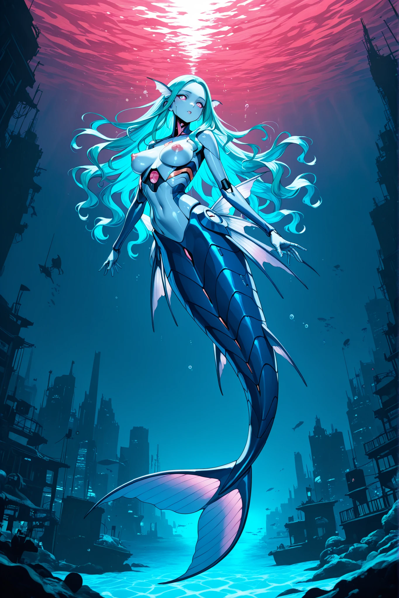 A slim young tropical cyberpunk cyborg mermaid, she has extremely long wavy colorful lush hair, robotic skin, stirped skin, mechanical body, mechanical mermaid tail, naked, she is swimming at an underwater cyberpunk submerged city, cyberpunk Theme, nautical Theme, Digital Art, Extreme Detail, 4k, Ultra Hd, Polished, Beautiful, Hyperdetailed, Intricate, Elaborate, Meticulous, Sharp Focus, Digital Illustration, Pose, Suggestive Pose, Lewd, Full Body Shot, perky breasts, erect puffy nipples, anatomically correct 💖❤💕💋❣
