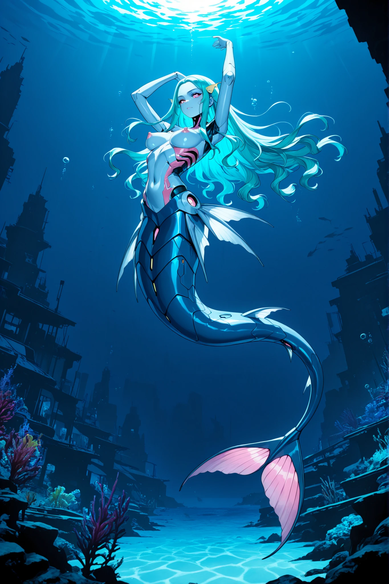 A slim young tropical cyberpunk cyborg mermaid, she has extremely long wavy colorful lush hair, robotic skin, stirped skin, mechanical body, mechanical mermaid tail, naked, she is swimming at an underwater cyberpunk submerged city, cyberpunk Theme, nautical Theme, Digital Art, Extreme Detail, 4k, Ultra Hd, Polished, Beautiful, Hyperdetailed, Intricate, Elaborate, Meticulous, Sharp Focus, Digital Illustration, Pose, Suggestive Pose, Lewd, Full Body Shot, perky breasts, erect puffy nipples, anatomically correct 💖❤💕💋❣